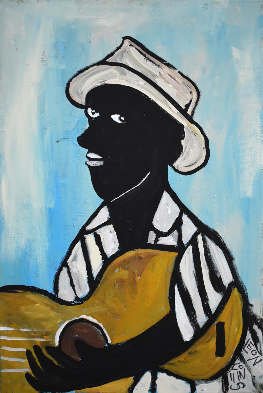 Leon Collins Figurative Painting - "THE GUITARIST"  TEXAS BLACK FOLK ARTIST