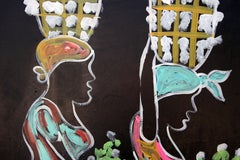 "TRe089 BigRD" Black and Multicolor Painting of Four Women with Baskets
