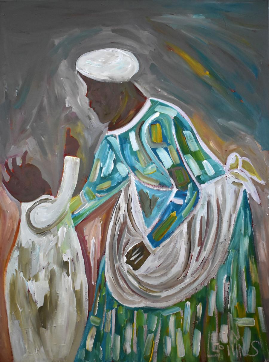 Figurative Painting Leon Collins - « Femme et enfant » TEXAS ARTIST EN FOLK NOIR