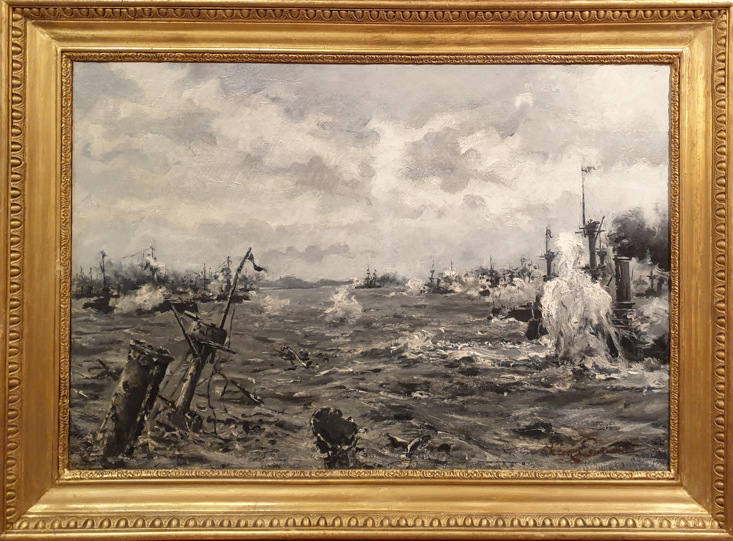 Cuadro francés del pintor marino oficial COUTURIER Buques de guerra de combate naval del siglo XX - Painting de Léon Couturier