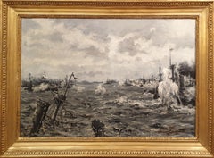 French painting by Official marine painter COUTURIER Naval battle warships 20th