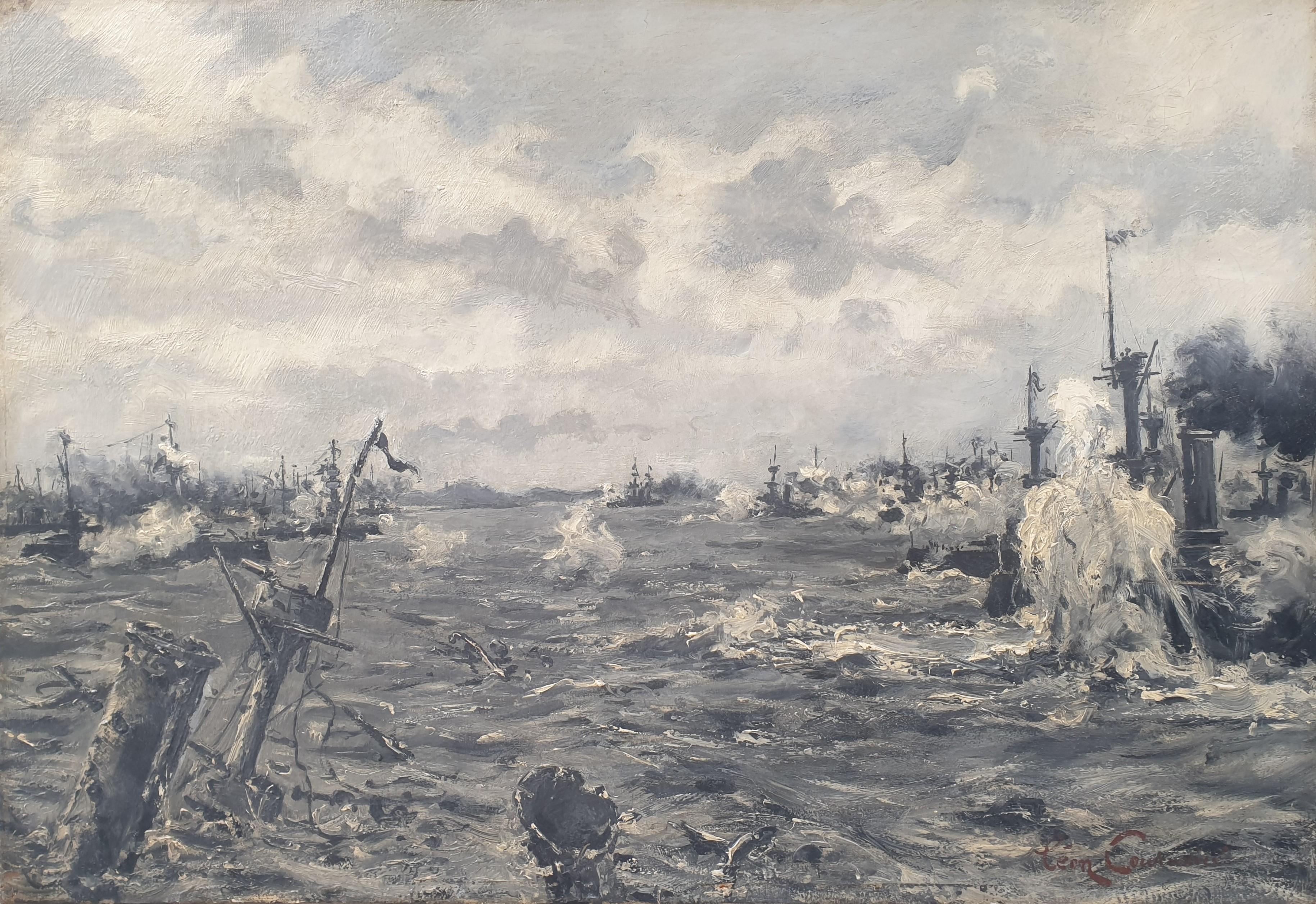 Landscape Painting de Léon Couturier - Cuadro francés del pintor marino oficial COUTURIER Buques de guerra de combate naval del siglo XX