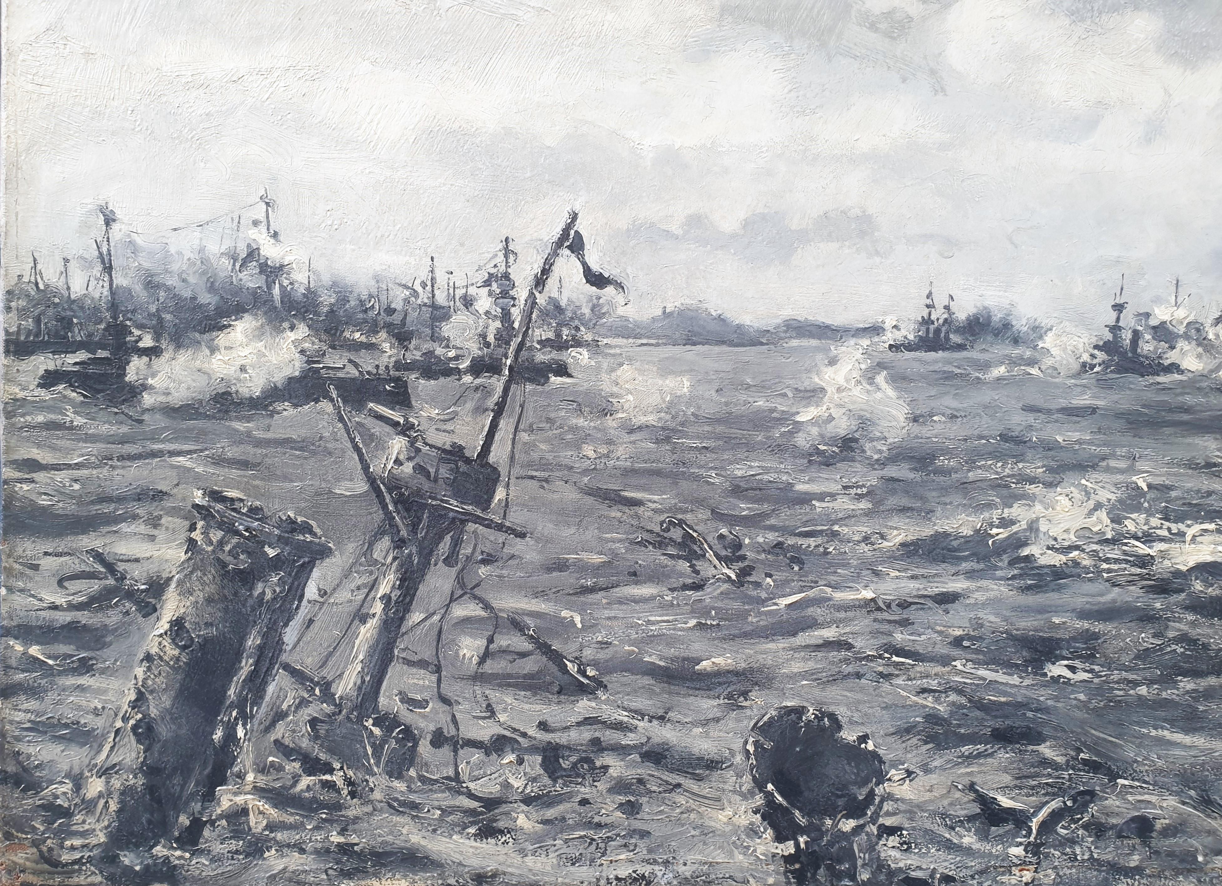 Cuadro francés del pintor marino oficial COUTURIER Buques de guerra de combate naval del siglo XX - Painting Escuela francesa de Léon Couturier