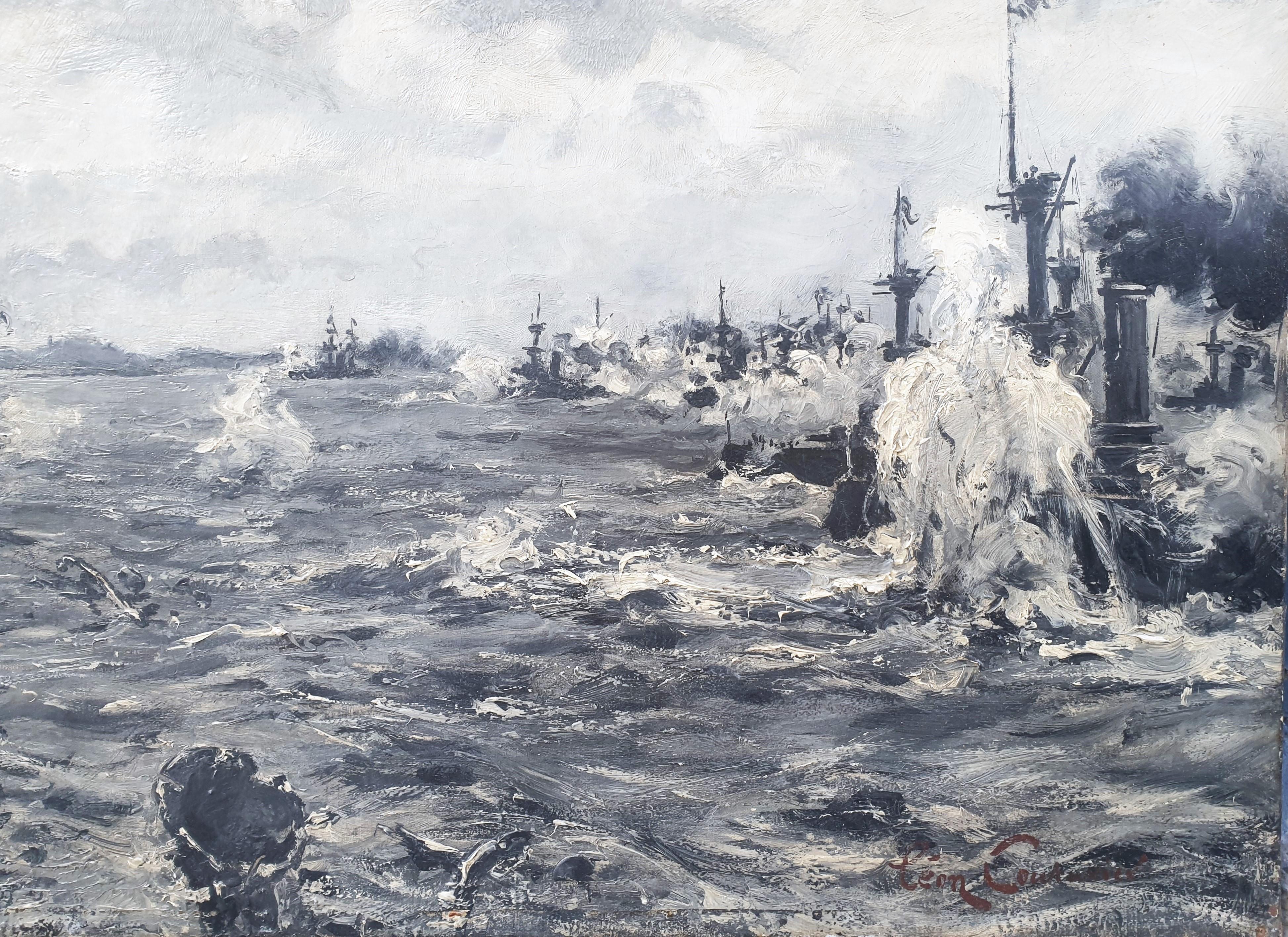 Cuadro francés del pintor marino oficial COUTURIER Buques de guerra de combate naval del siglo XX - Landscape Painting Marrón de Léon Couturier