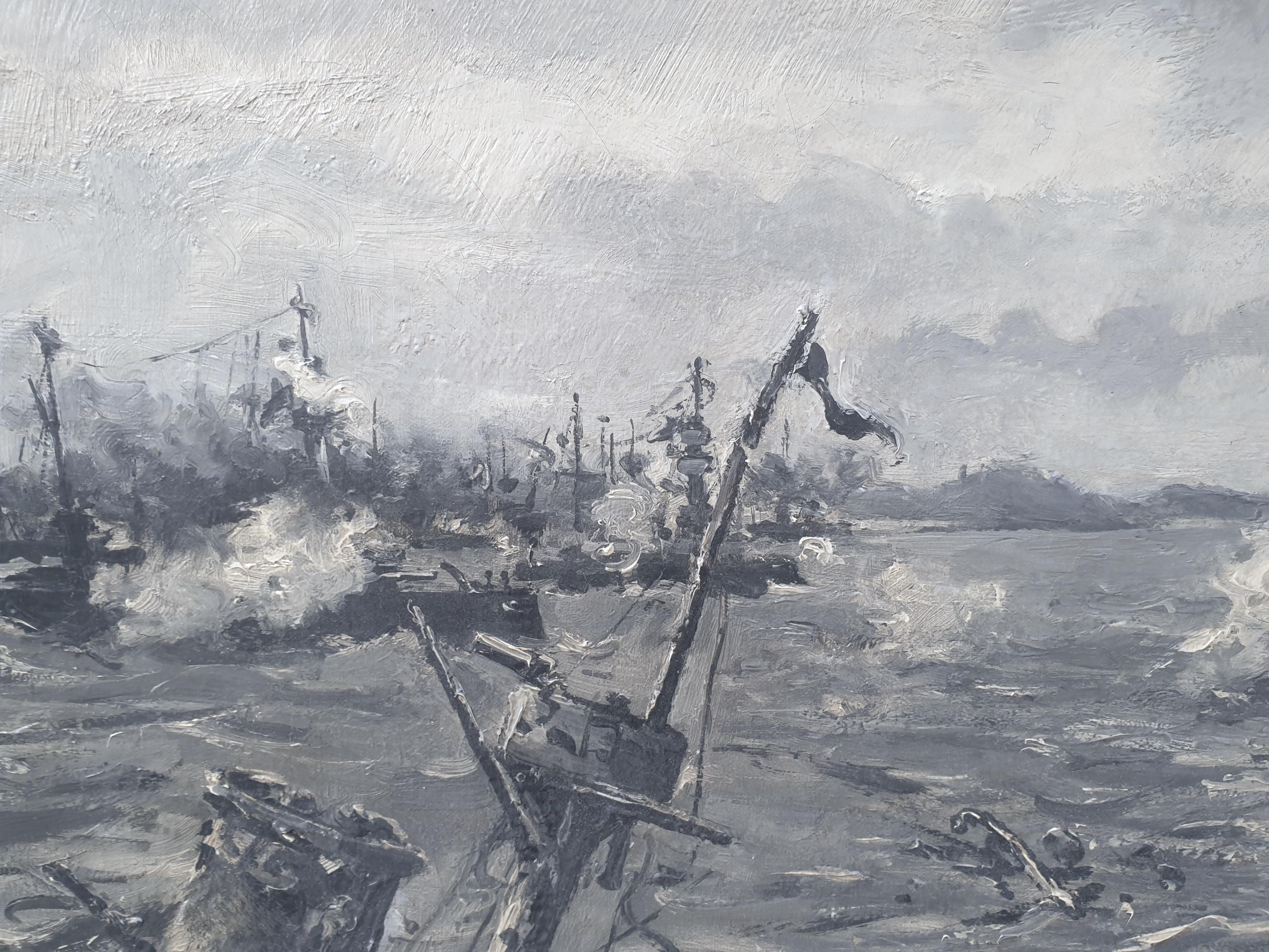Cuadro francés del pintor marino oficial COUTURIER Buques de guerra de combate naval del siglo XX en venta 1