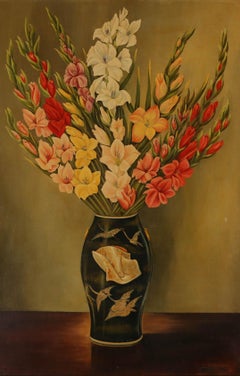 Leon D. Tommins - Framed 1952 Oil, Still Life of Gladiolas