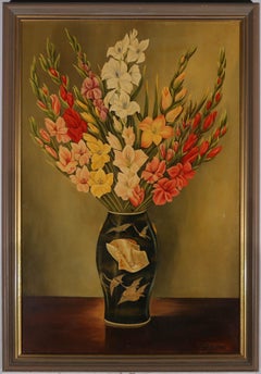 Leon D. Tommins - Framed 1952 Oil, Still Life of Gladiolas