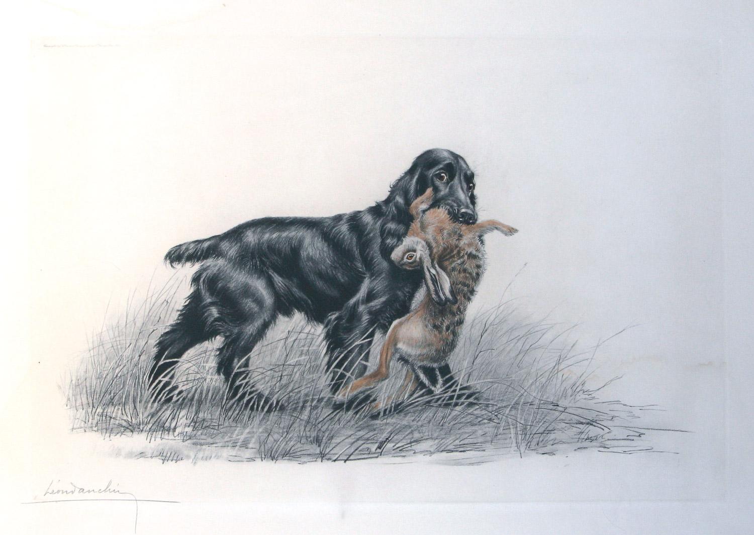 Épagneul noir et lapin gravure originale signée par Leon Danchin en vente 1