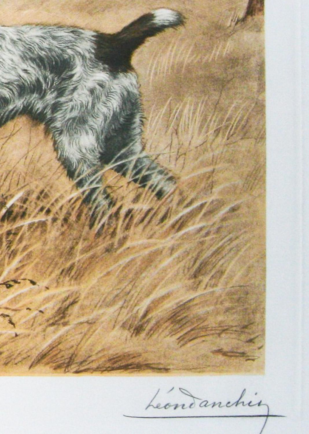    Griffon With Woodcock est une gravure originale de Léon Danchin représentant un griffon dans un champ pointant du doigt une bécasse essayant de se cacher dans les broussailles. Cette gravure en couleur est en bon état avec un peu de bordure en
