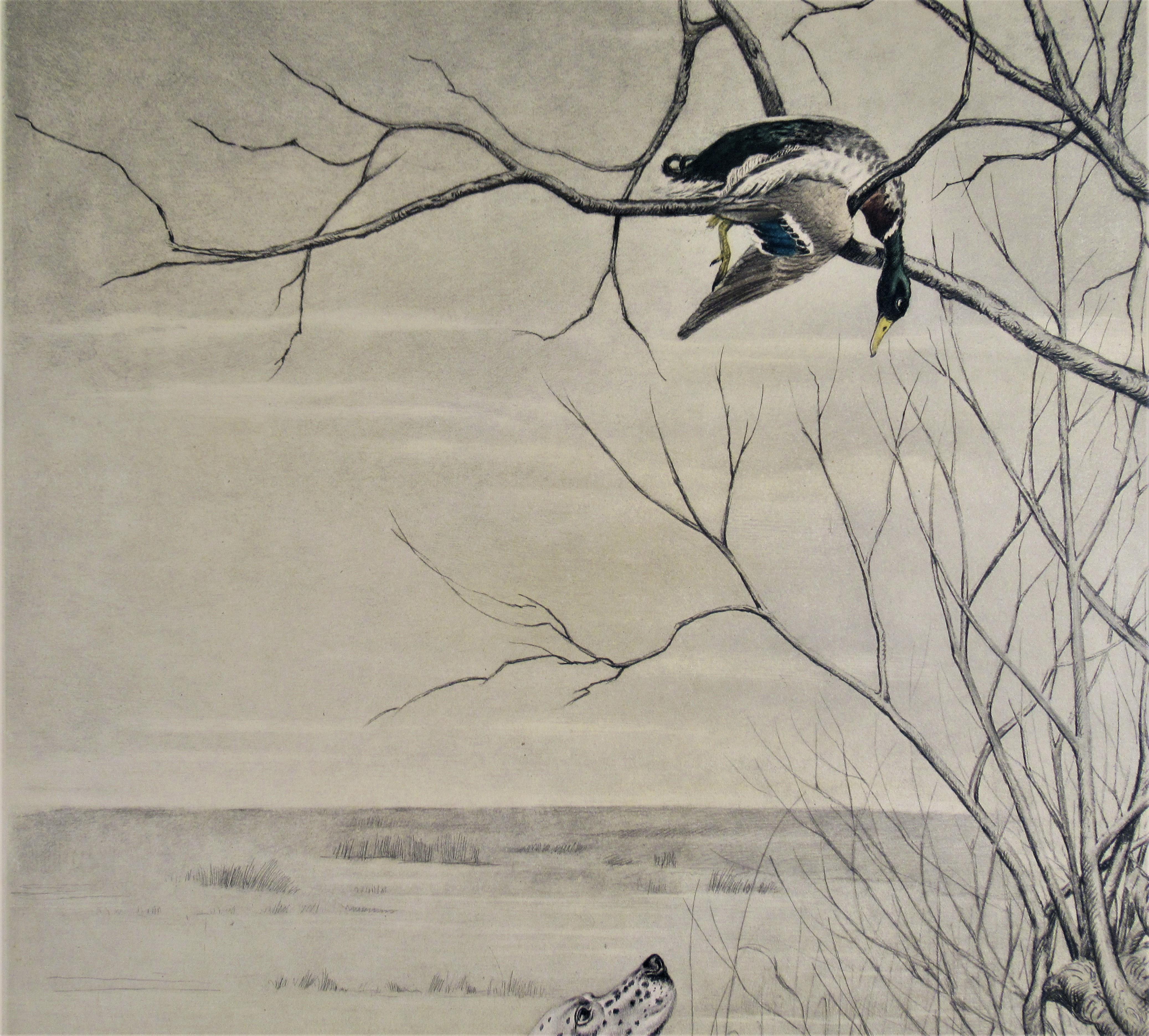Chien de chasse regardant un canard - Marron Animal Print par Leon Danchin
