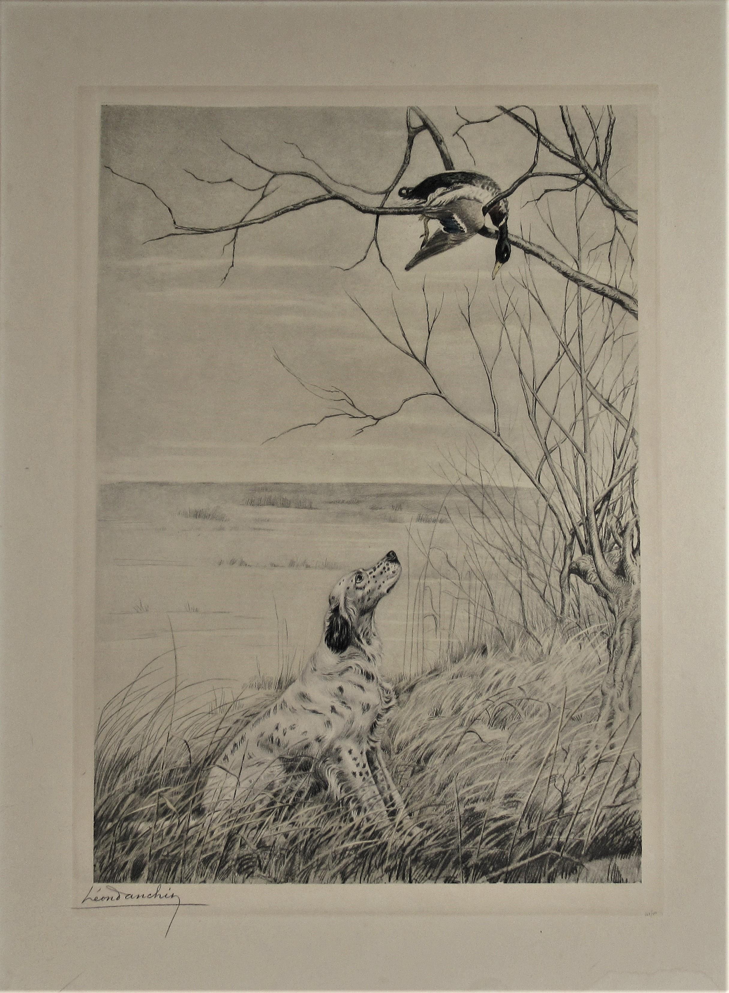Leon Danchin Animal Print - Hunting Dog Looking at a Duck