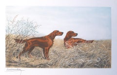 Irish Setters in the Field original etching by Leon Danchin