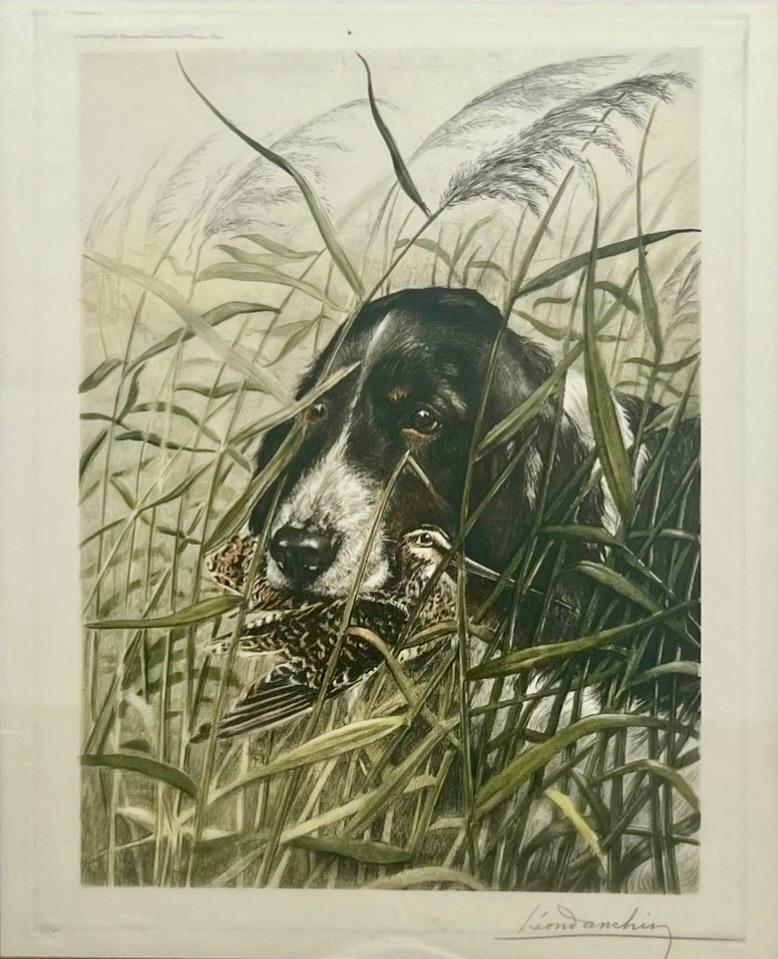Leon Danchin Dog and Woodcock Original Hand Colored Etching, Signed and Framed For Sale 1