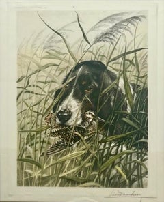 Leon Danchin Chien et bécasse Gravure originale coloriée à la main, signée et encadrée