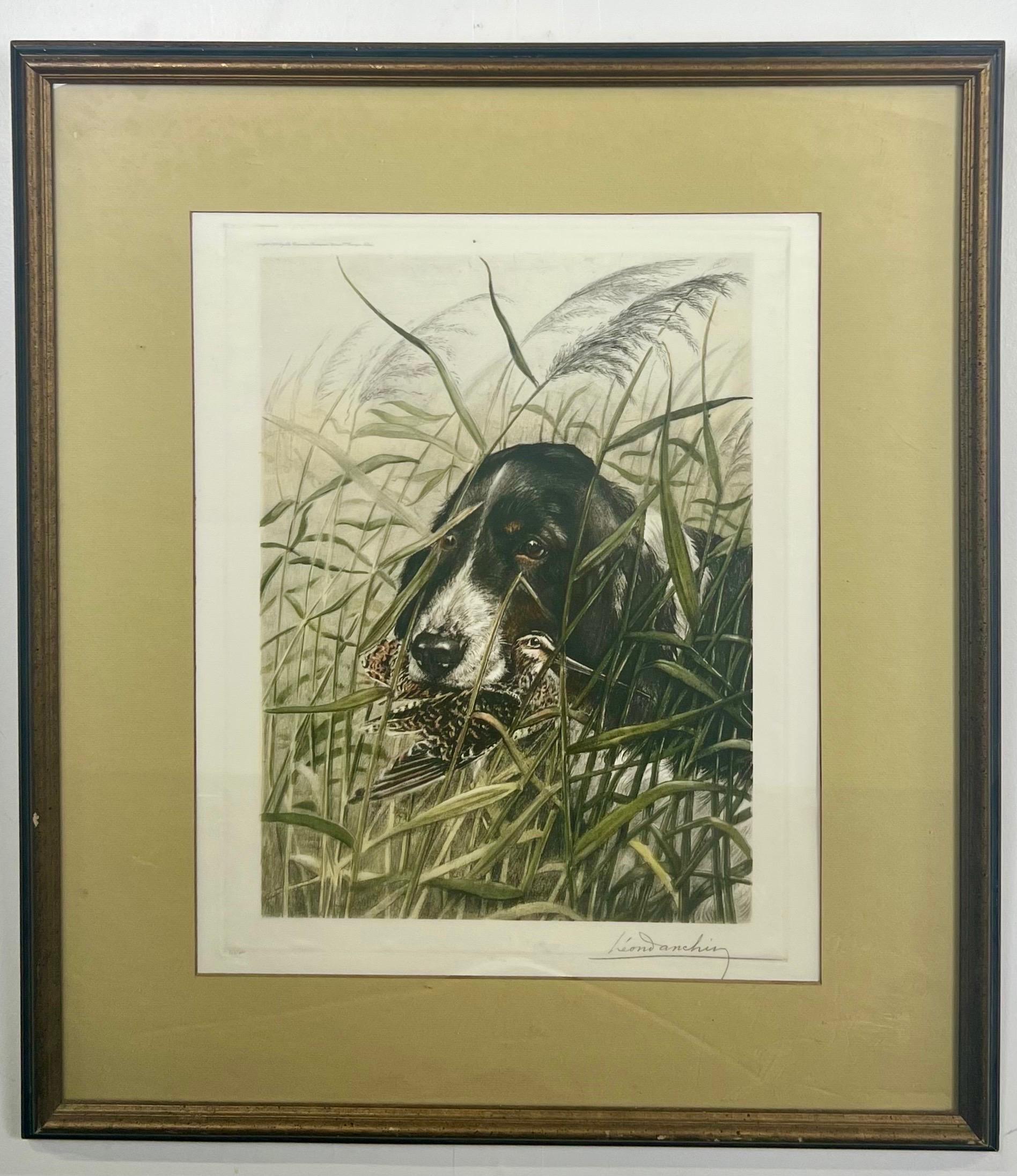 
Léon Danchin (French, 1887–1938) Dog and Woodcock – Original Hand-Colored Etching

This finely rendered hand-colored etching by renowned French artist Léon Danchin captures a moment of sporting grace and natural instinct. A poised hunting dog