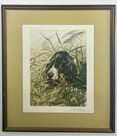 Leon Danchin Dog and Woodcock Original Hand Colored Etching, Signed and Framed