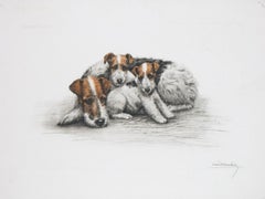 Two Fox Terriers original Etching by Leon Danchin