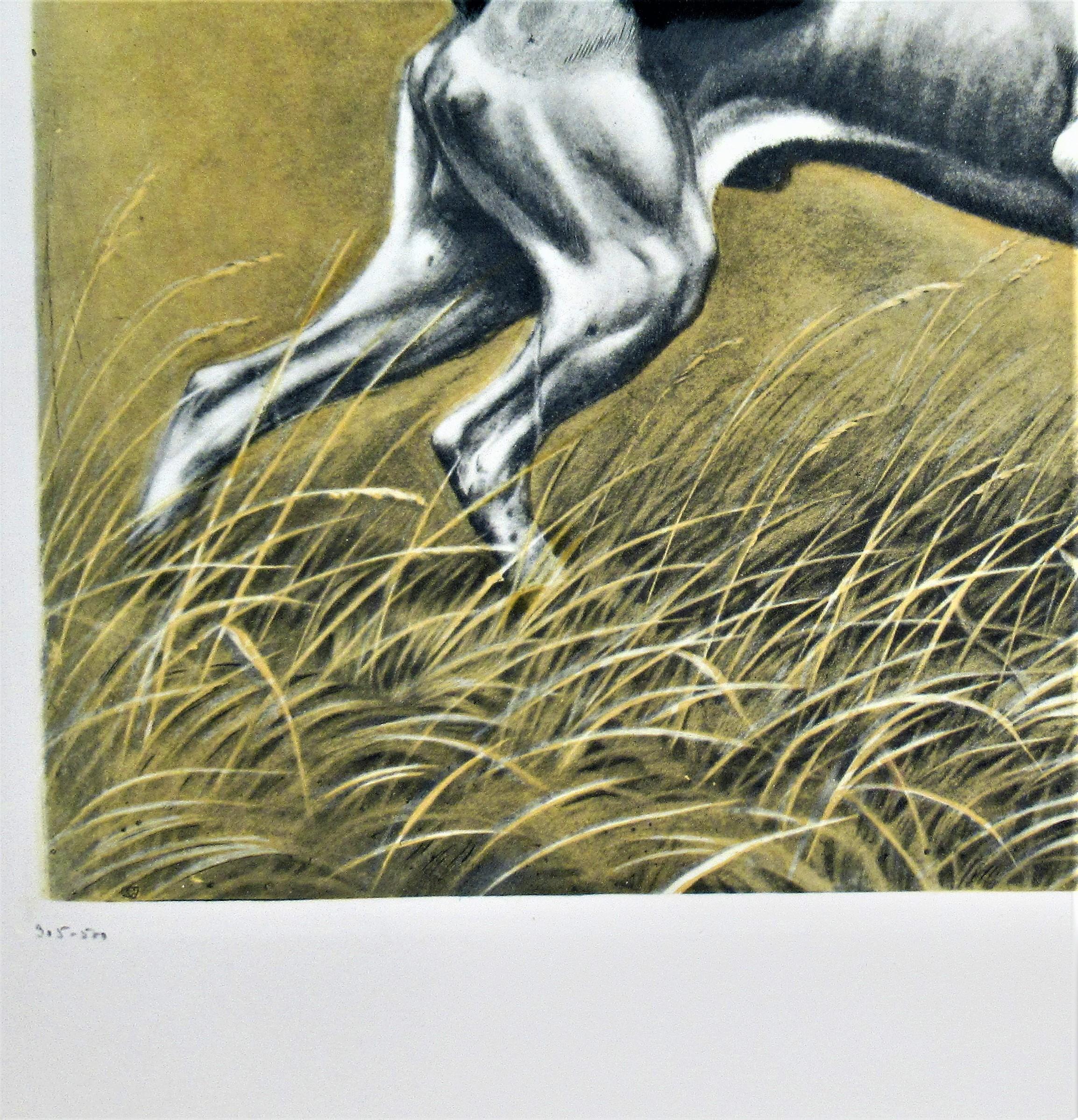 Two Pointers Going After a Pheasant - Gray Figurative Print by Leon Danchin