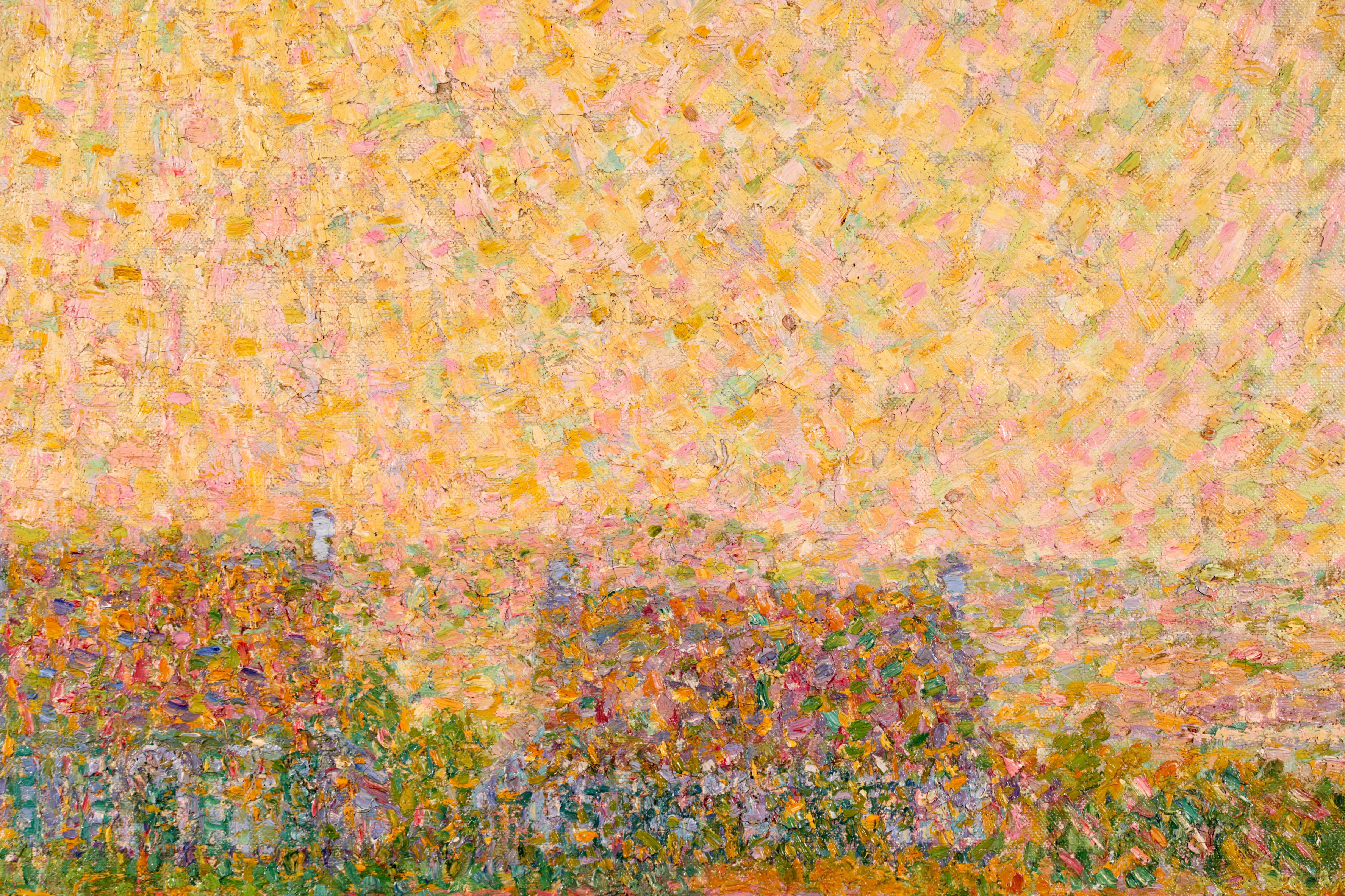 Superbe paysage impressionniste à l'huile sur toile signé et daté du peintre belge Leon De Smet. L'œuvre représente le plus incroyable des levers de soleil sur une ferme rurale de la commune de la province de Flandre orientale, en Belgique. Le