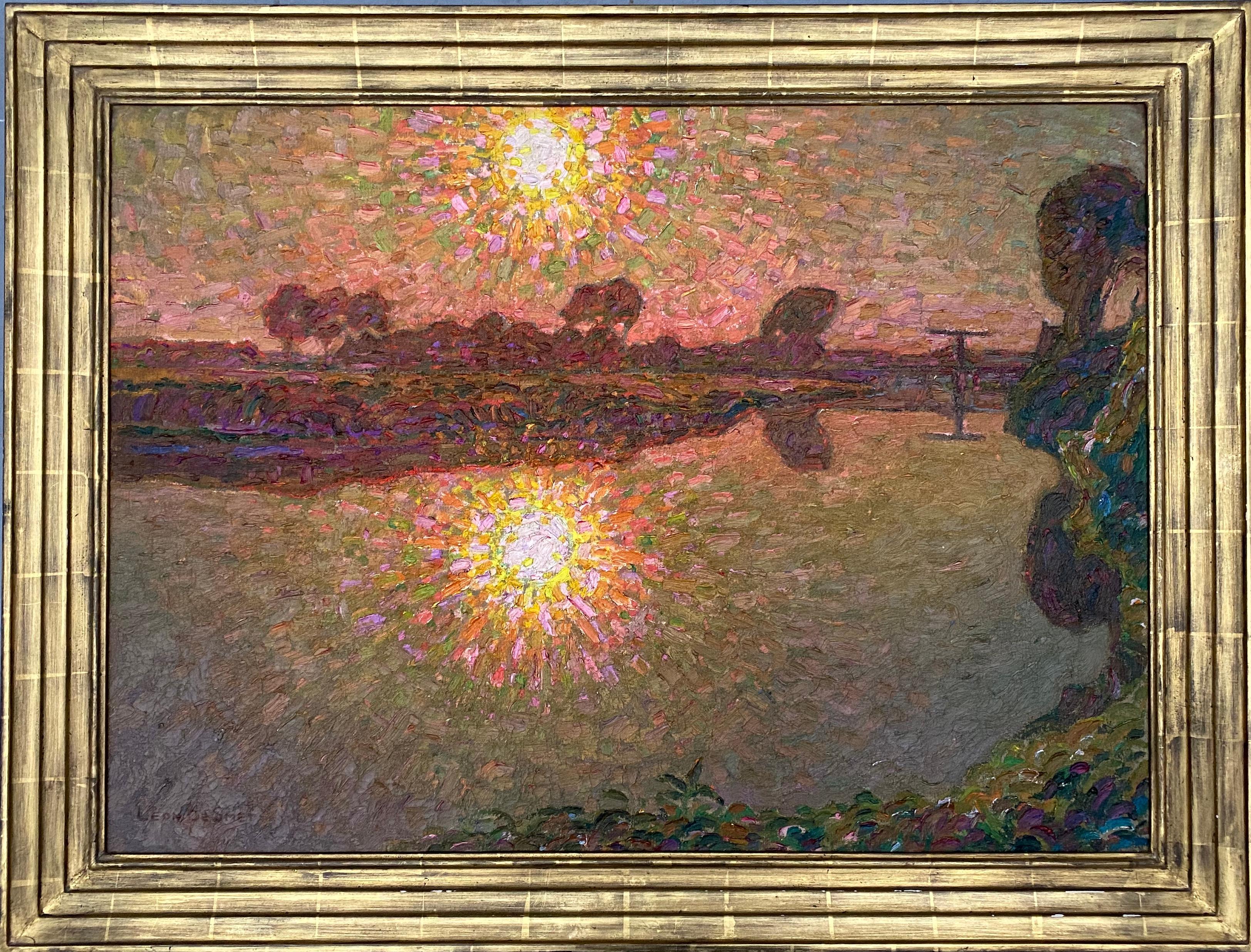 Sunset over the river. Oil on canvas. Signed. - Painting by Léon De Smet