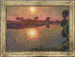 Sunset over the river. Oil on canvas. Signed.