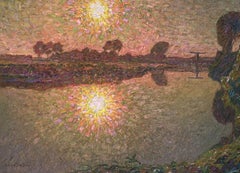 Antique Sunset over the river. Oil on canvas. Signed.
