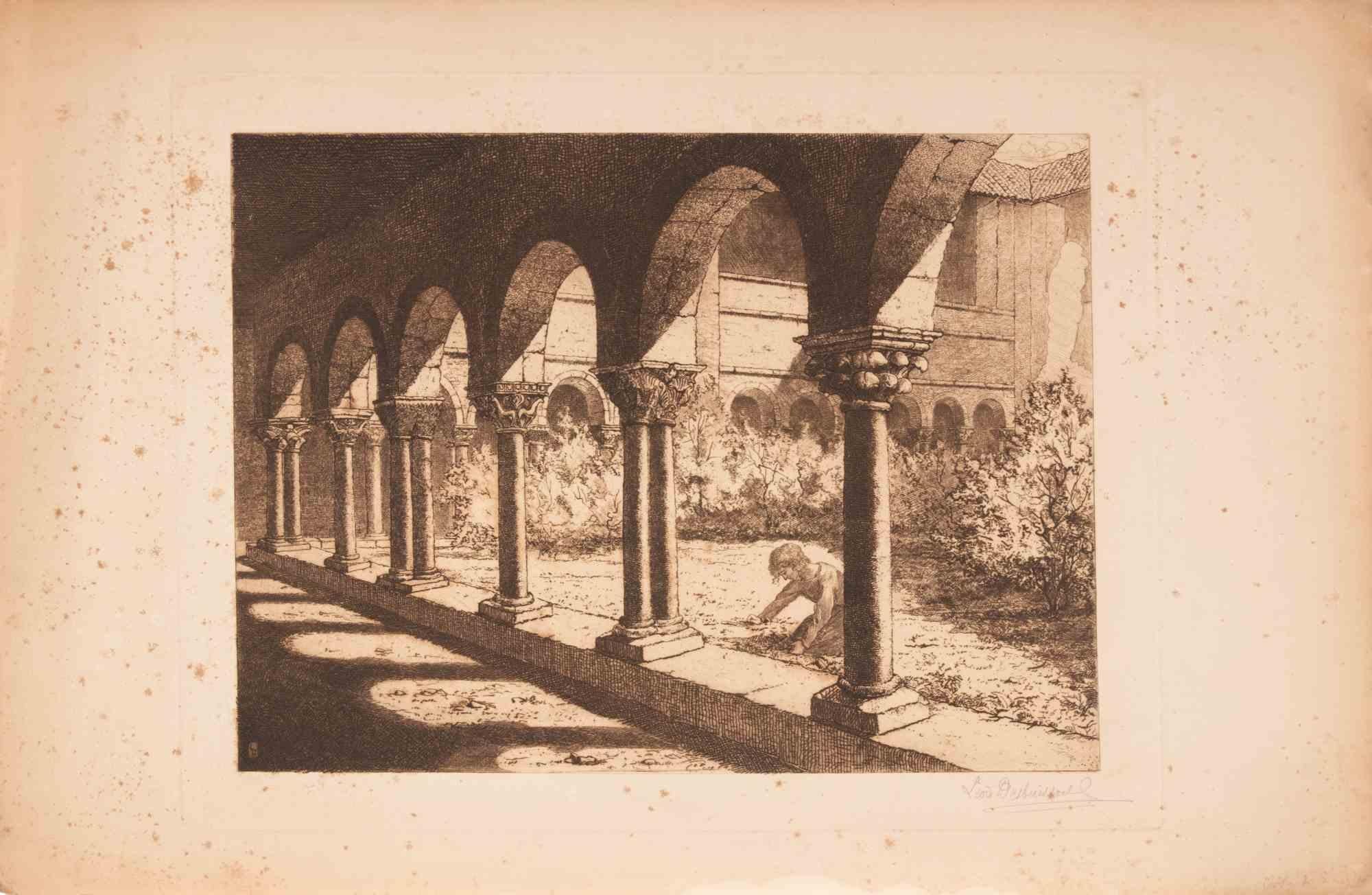 Etching, c. 19th century

This finely executed etching by Léon Desbuissons presents the cloister of St. Papoul Abbey, a Benedictine site in southern France renowned for its Romanesque architecture. The composition emphasizes the rhythm of the