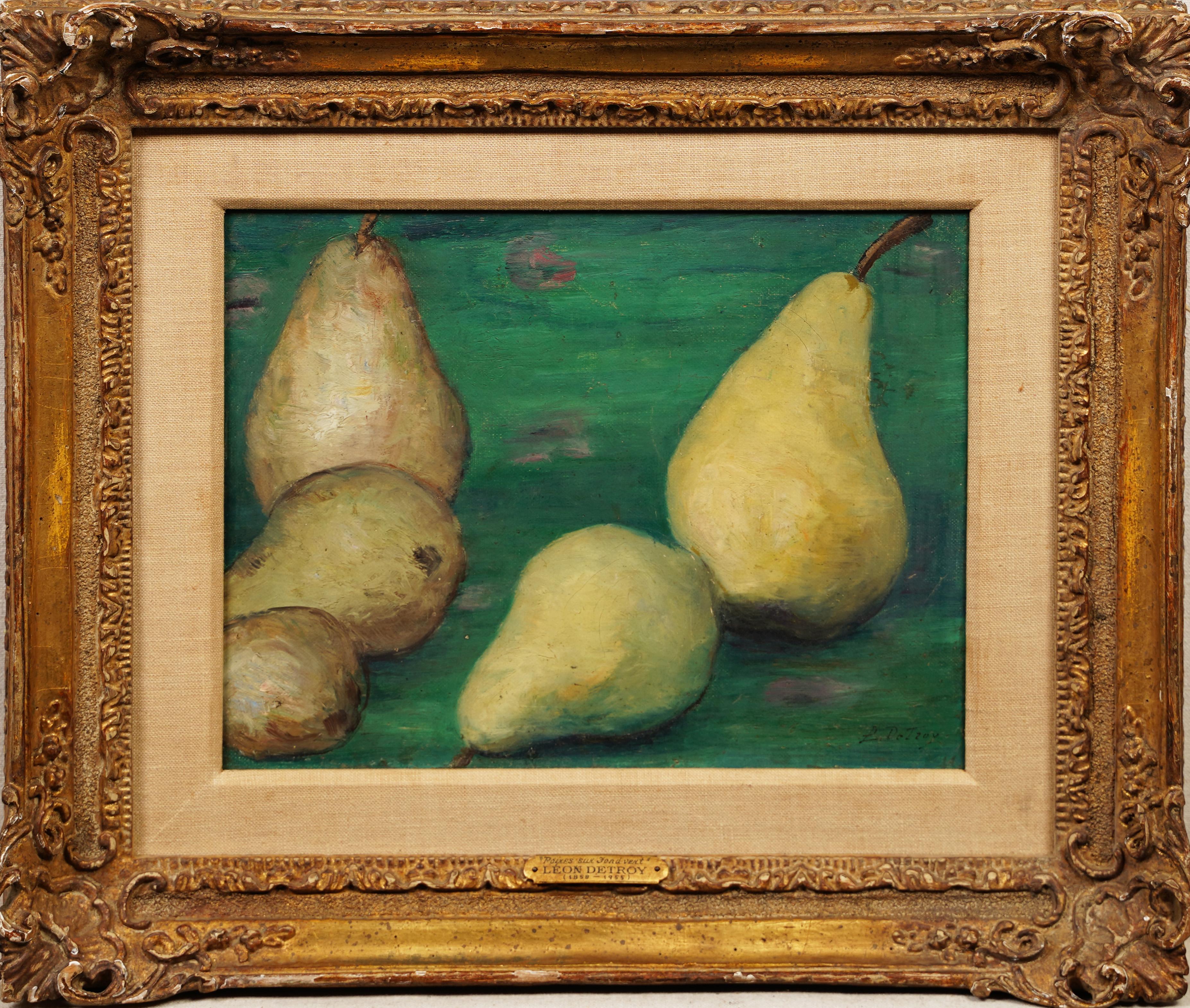 Antikes französisches impressionistisches gerahmtes, signiertes, birnenförmiges Stillleben – Painting von Leon Detroy