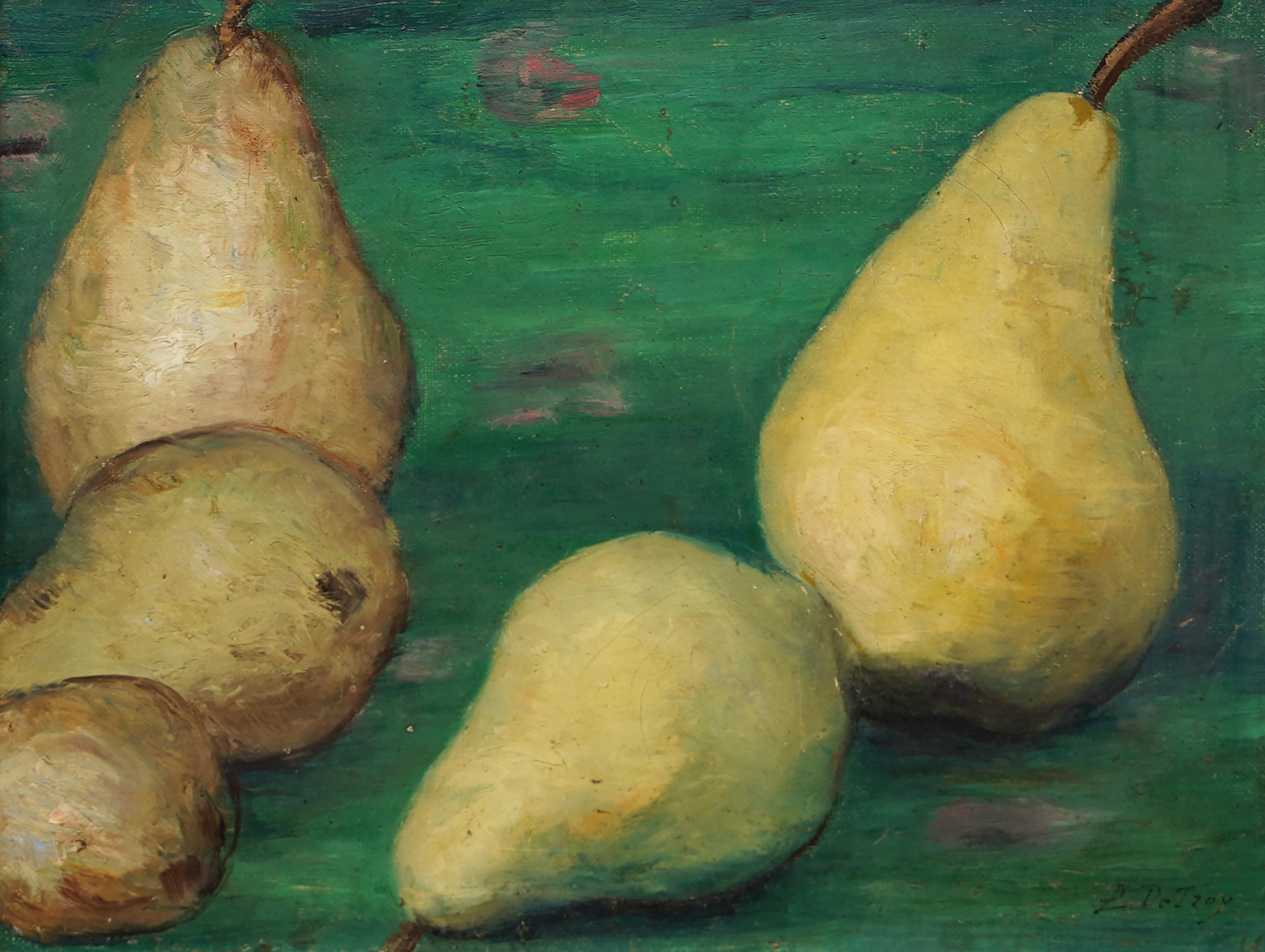 Antikes französisches impressionistisches signiertes Ölgemälde von Leon Detroy (1857/59 - 1955) mit Stillleben.  Öl auf Leinwand.  Unterschrieben.  Gerahmt.  Bildgröße, 13L x 10H.