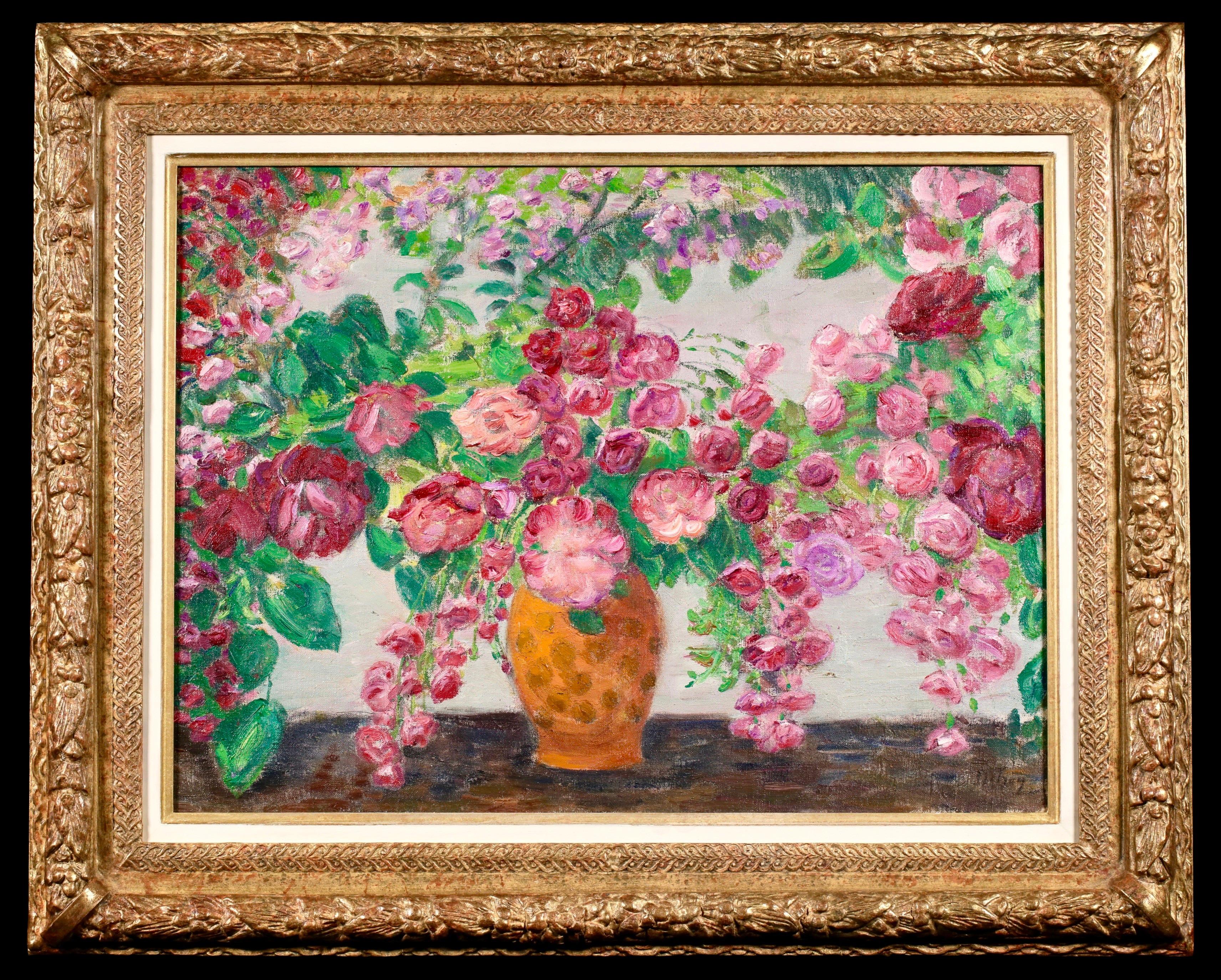 Naturaleza muerta al óleo sobre lienzo firmada hacia 1930 por el pintor impresionista francés Leon Detroy. La obra representa un jarrón lleno de rosas y peonías en rojos y rosas intensos.

Firma:
Firmado abajo a la derecha

Dimensiones:
Enmarcado: