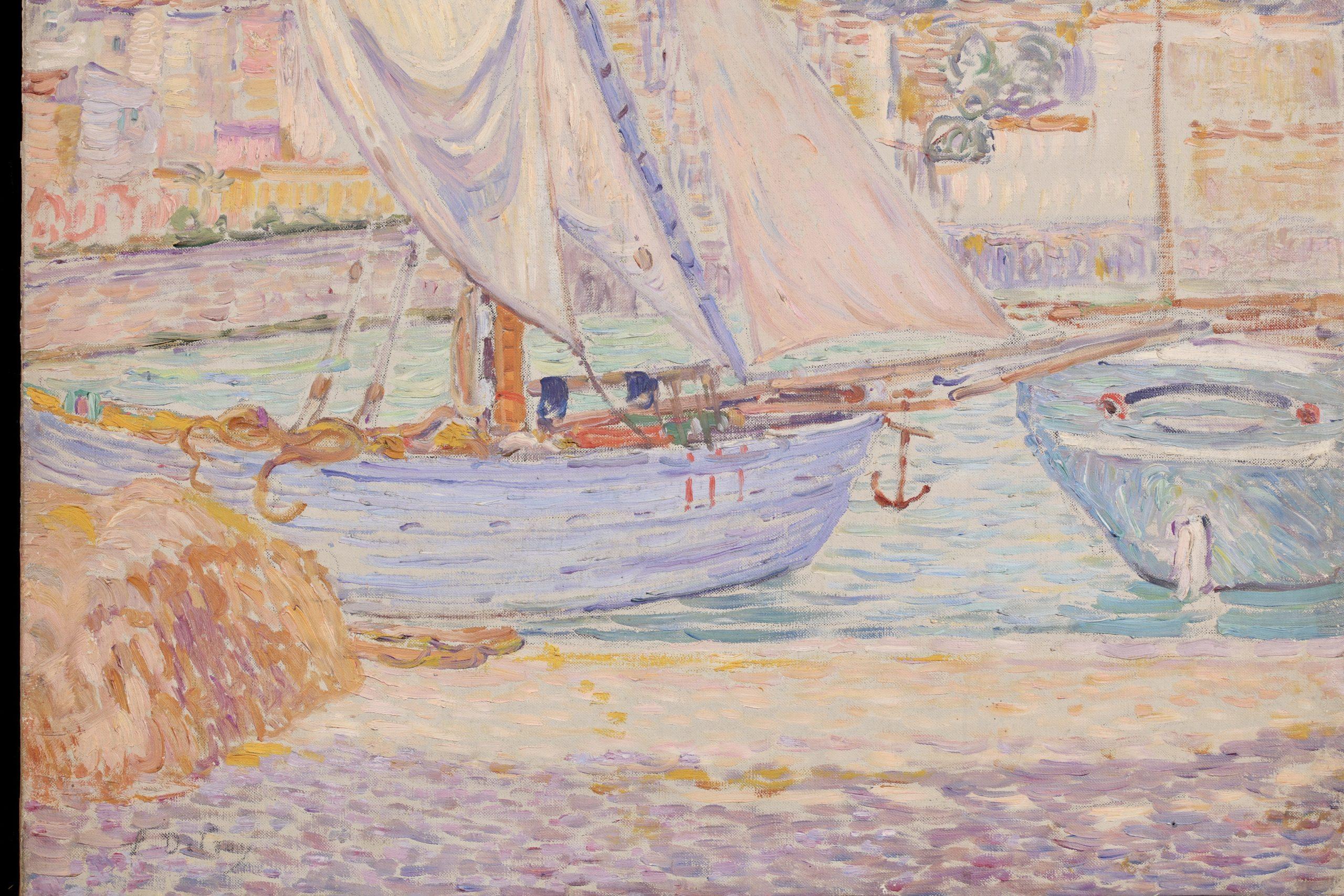 Boats in the harbour - Menton - Post Impressionist Landscape Oil by Leon Detroy For Sale 10