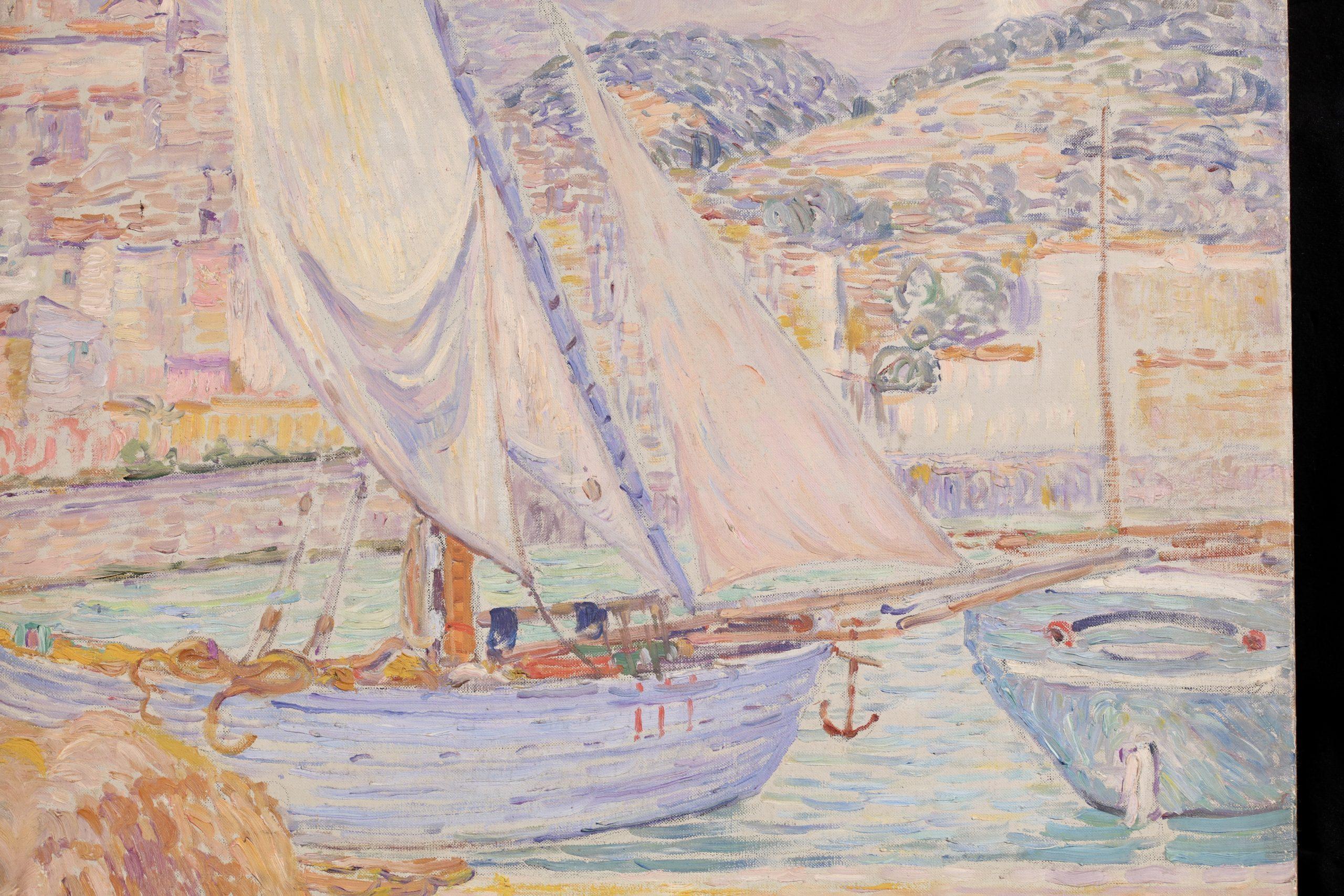 Boats in the harbour - Menton - Post Impressionist Landscape Oil by Leon Detroy For Sale 11