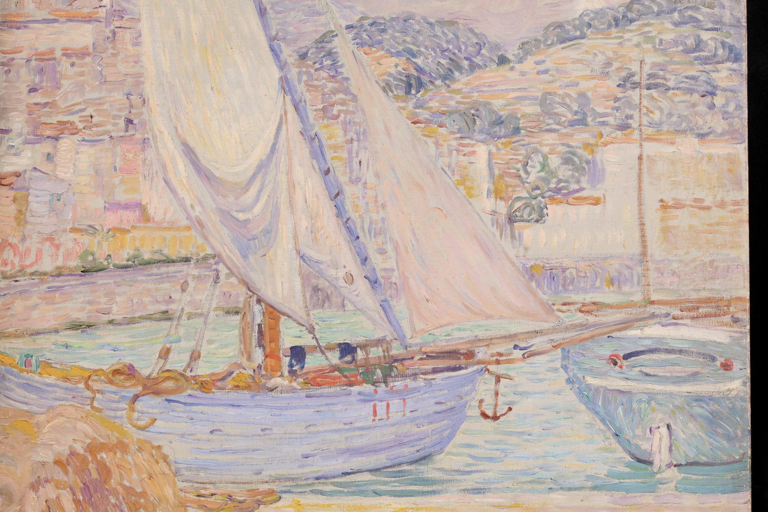 Boats in the harbour - Menton - Post Impressionist Landscape Oil by Leon Detroy For Sale 12