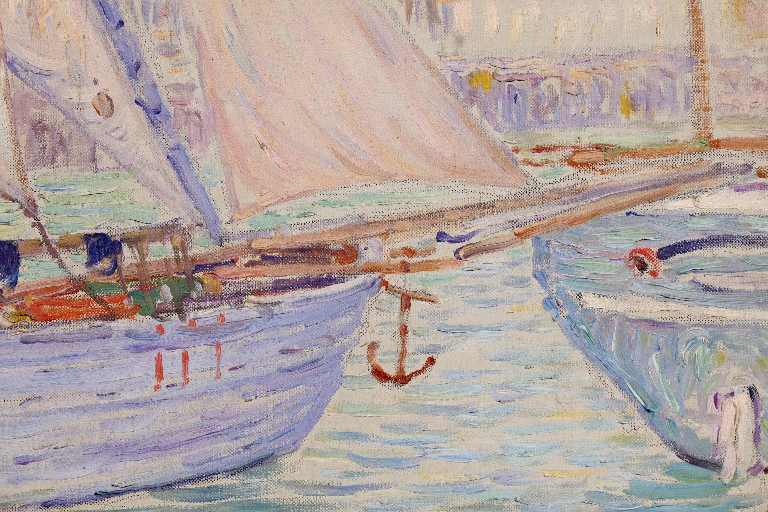 Boats in the harbour - Menton - Post Impressionist Landscape Oil by Leon Detroy For Sale 7