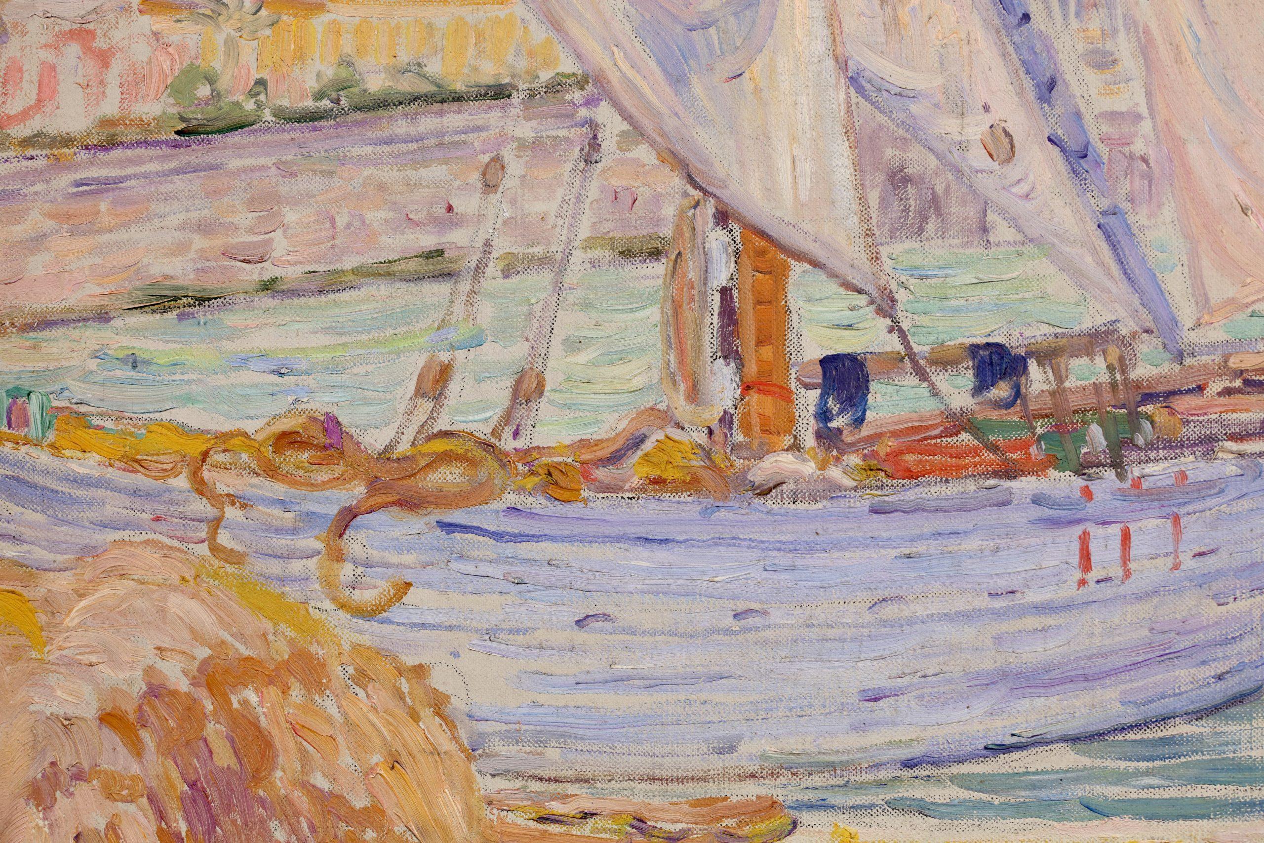Boats in the harbour - Menton - Paysage post-impressionniste de Leon Detroy 8