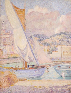 Antique Boats in the harbour - Menton - Post Impressionist Landscape Oil by Leon Detroy