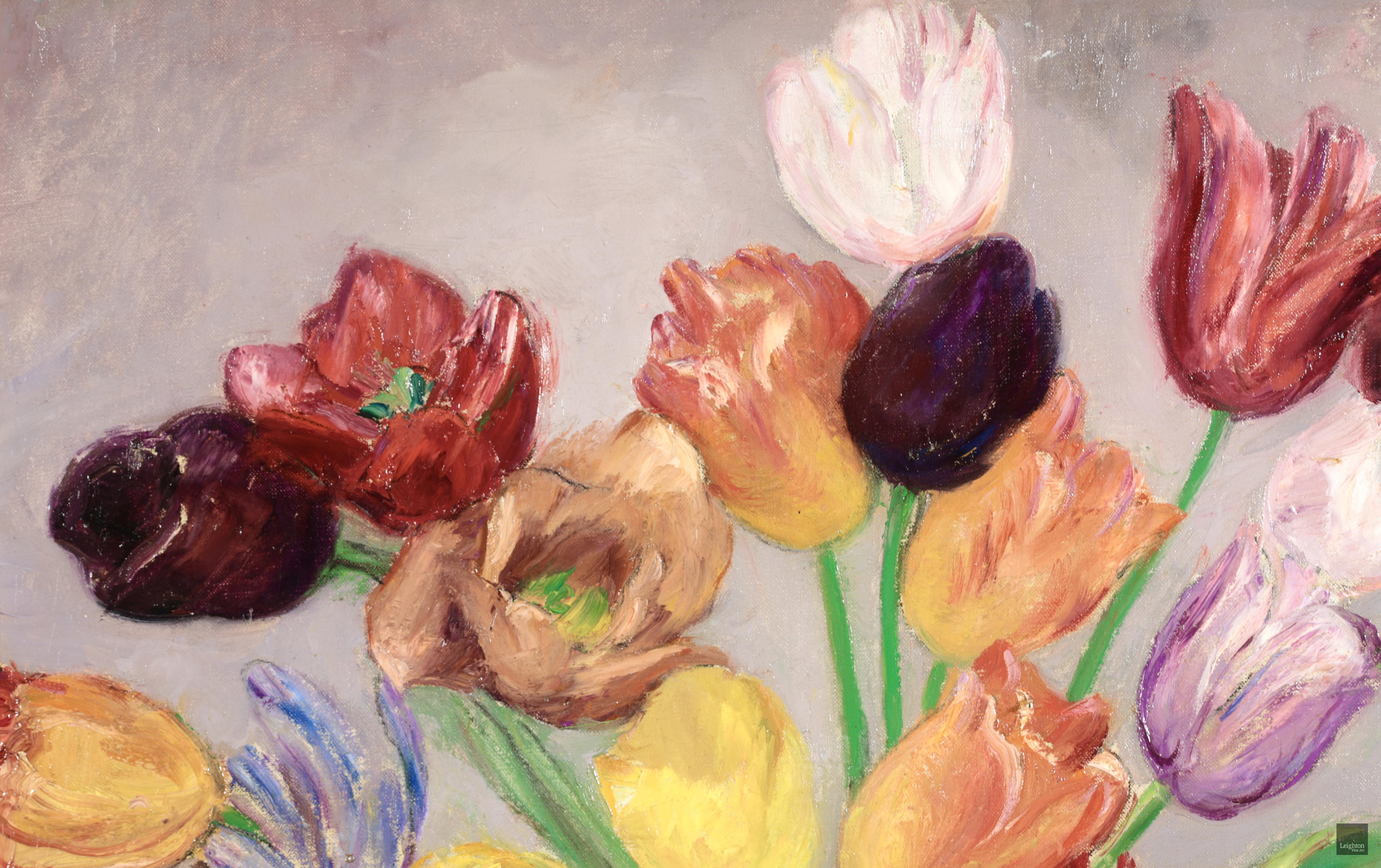 Bouquet de tulipes et de pivoines - Nature morte impressionniste à l'huile de Leon Detroy en vente 1