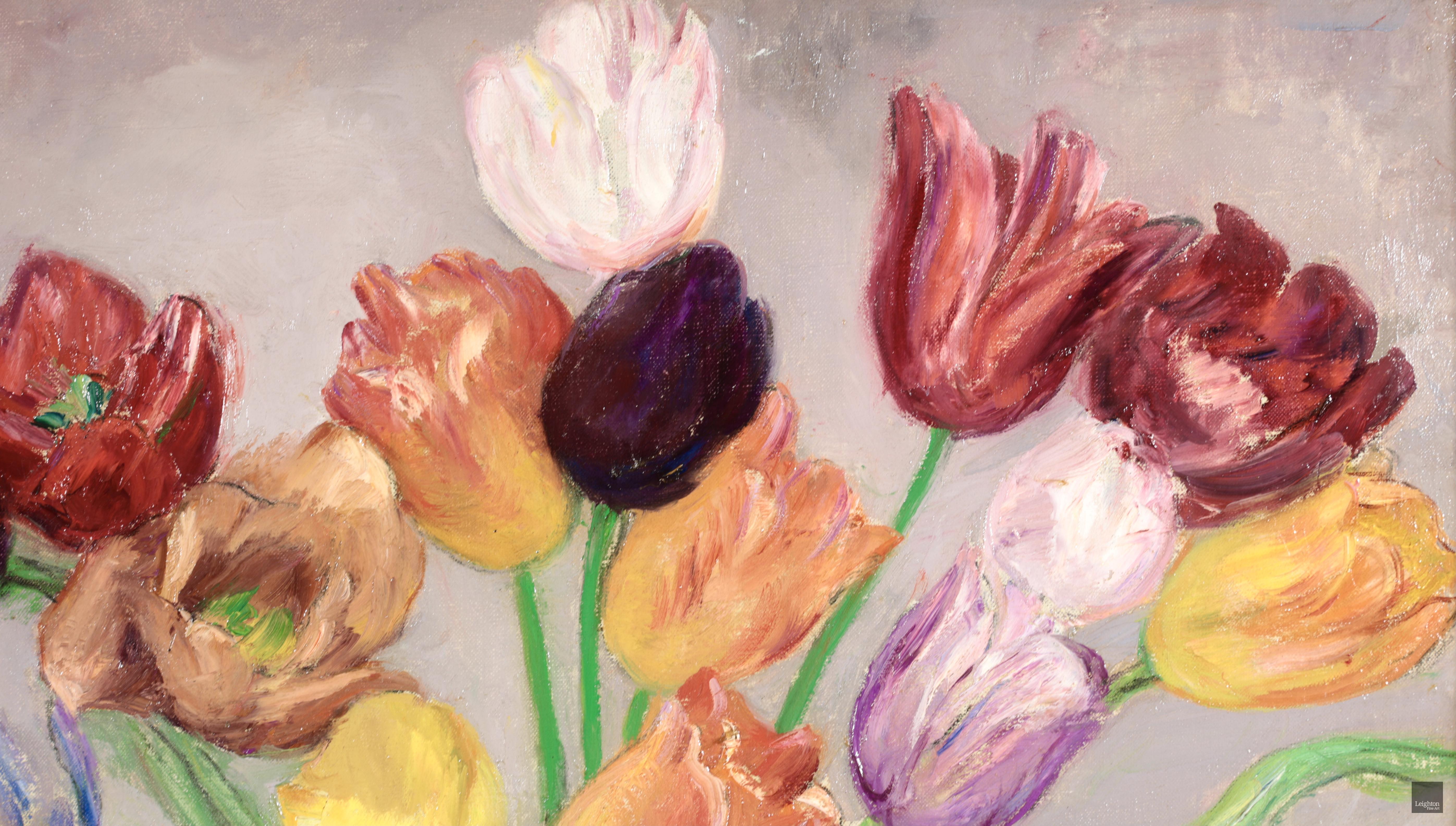 Bouquet de tulipes et de pivoines - Impressionist Still Life Oil by Leon Detroy For Sale 1