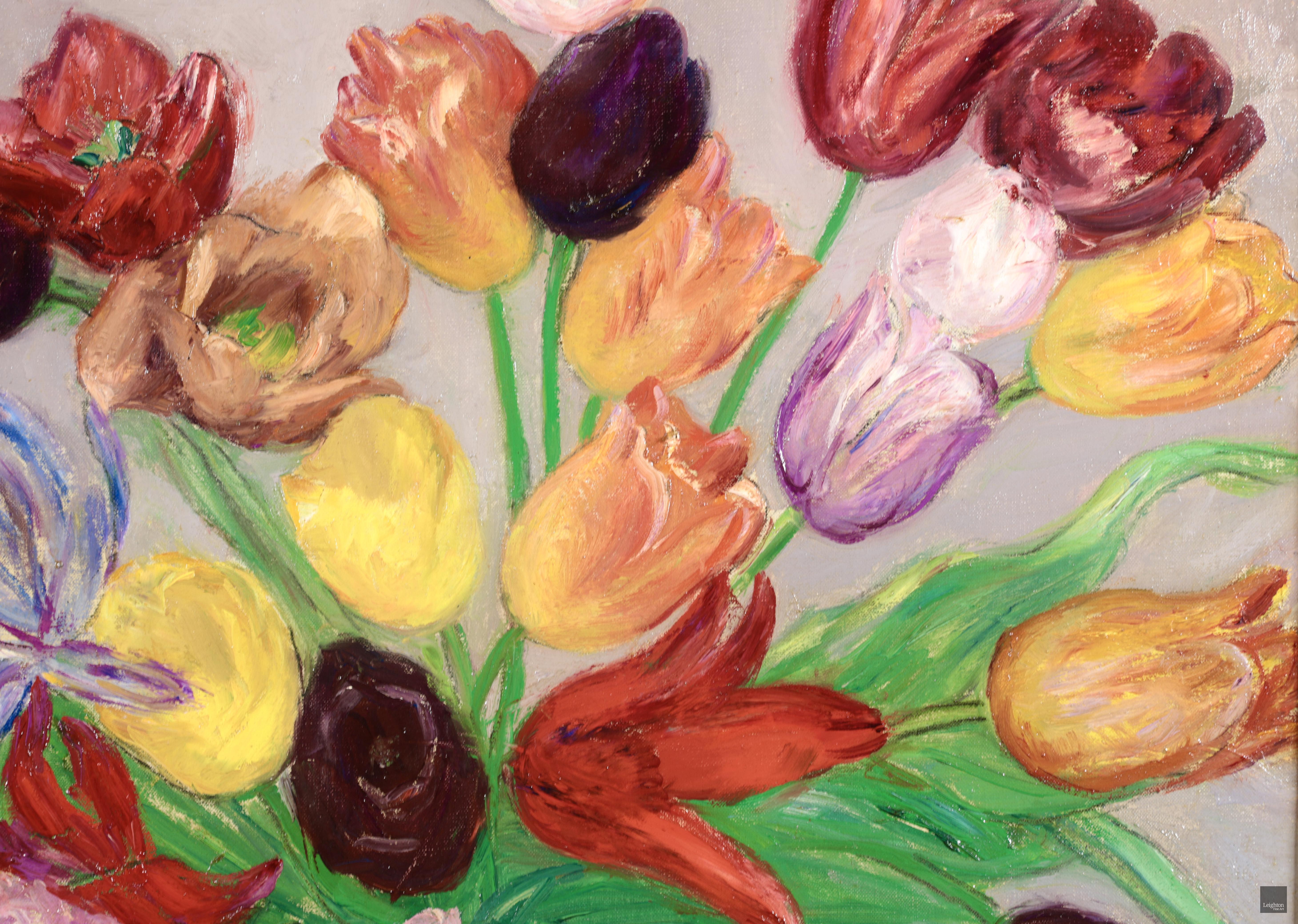 Bouquet de tulipes et de pivoines - Impressionist Still Life Oil by Leon Detroy For Sale 2
