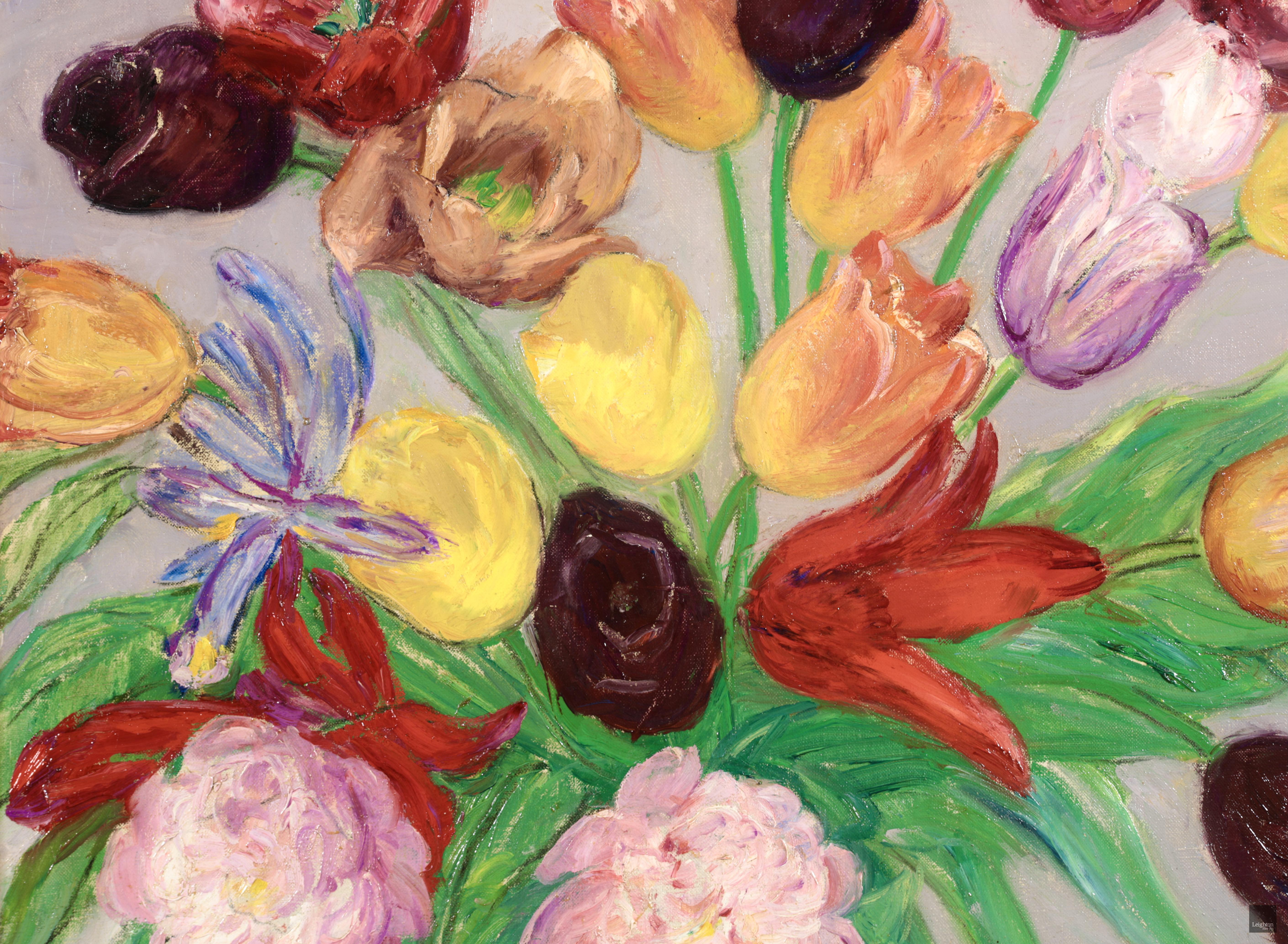 Bouquet de tulipes et de pivoines - Nature morte impressionniste à l'huile de Leon Detroy en vente 4