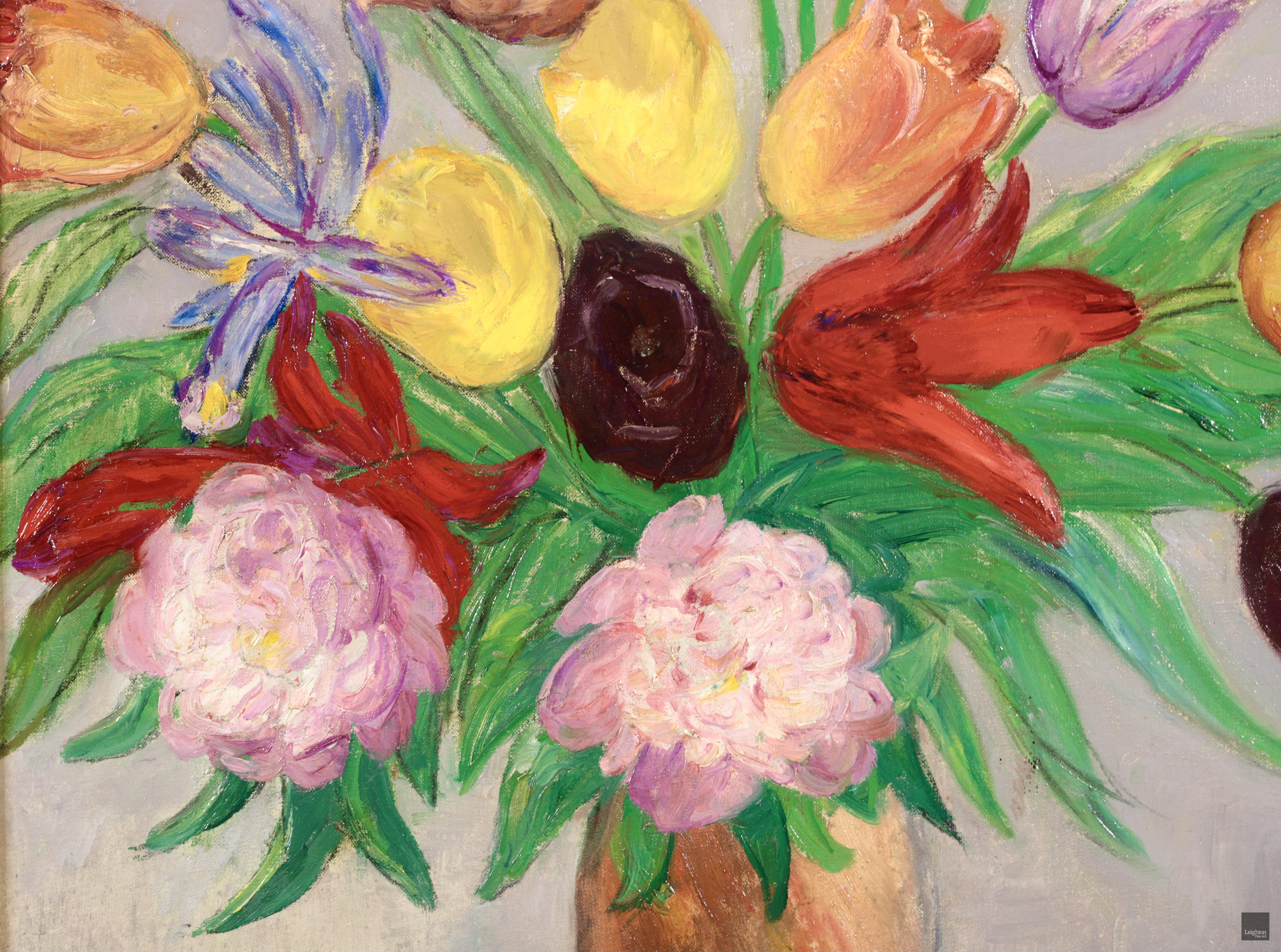 Bouquet de tulipes et de pivoines - Impressionist Still Life Oil by Leon Detroy For Sale 4