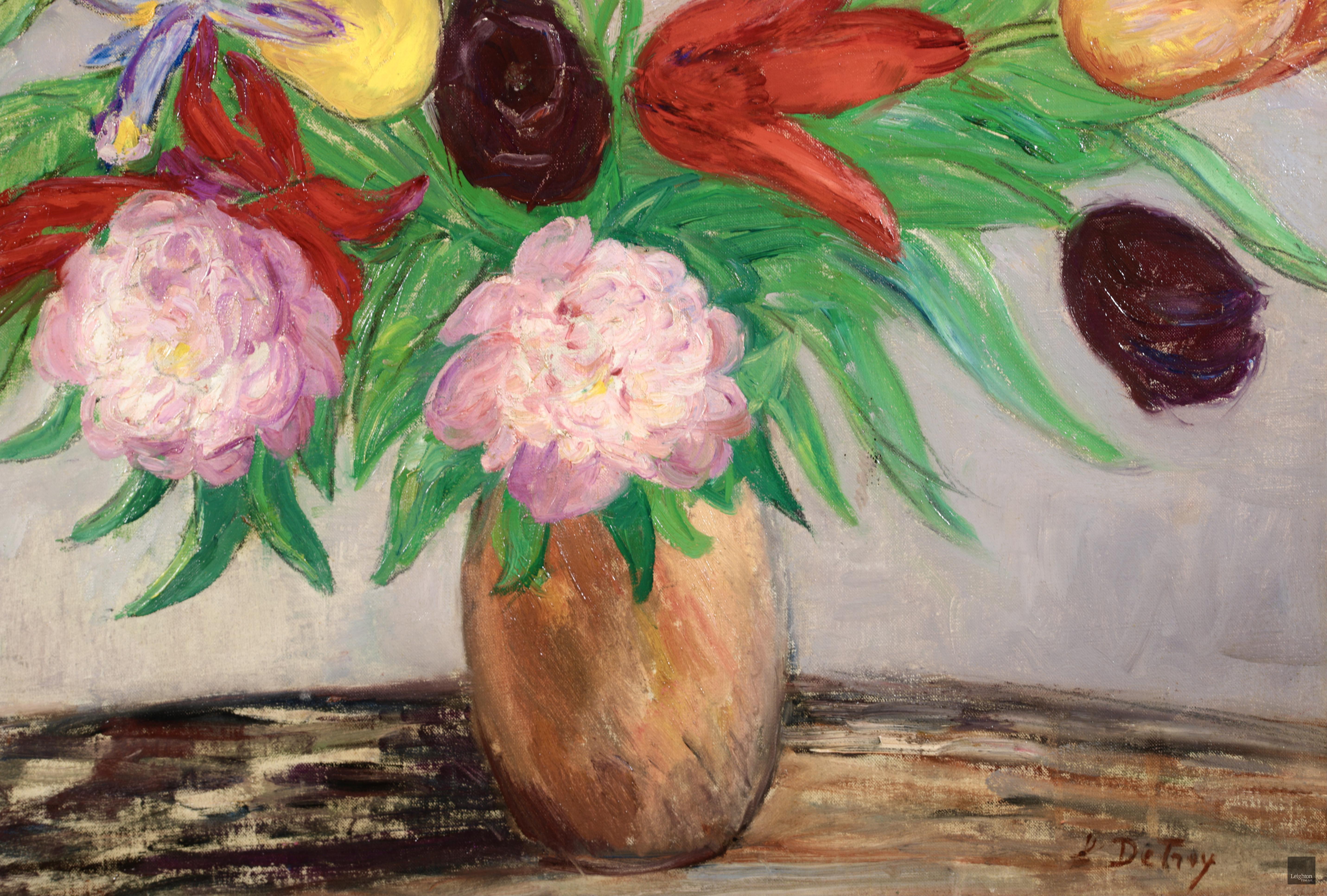 Bouquet de tulipes et de pivoines - Impressionist Still Life Oil by Leon Detroy For Sale 5