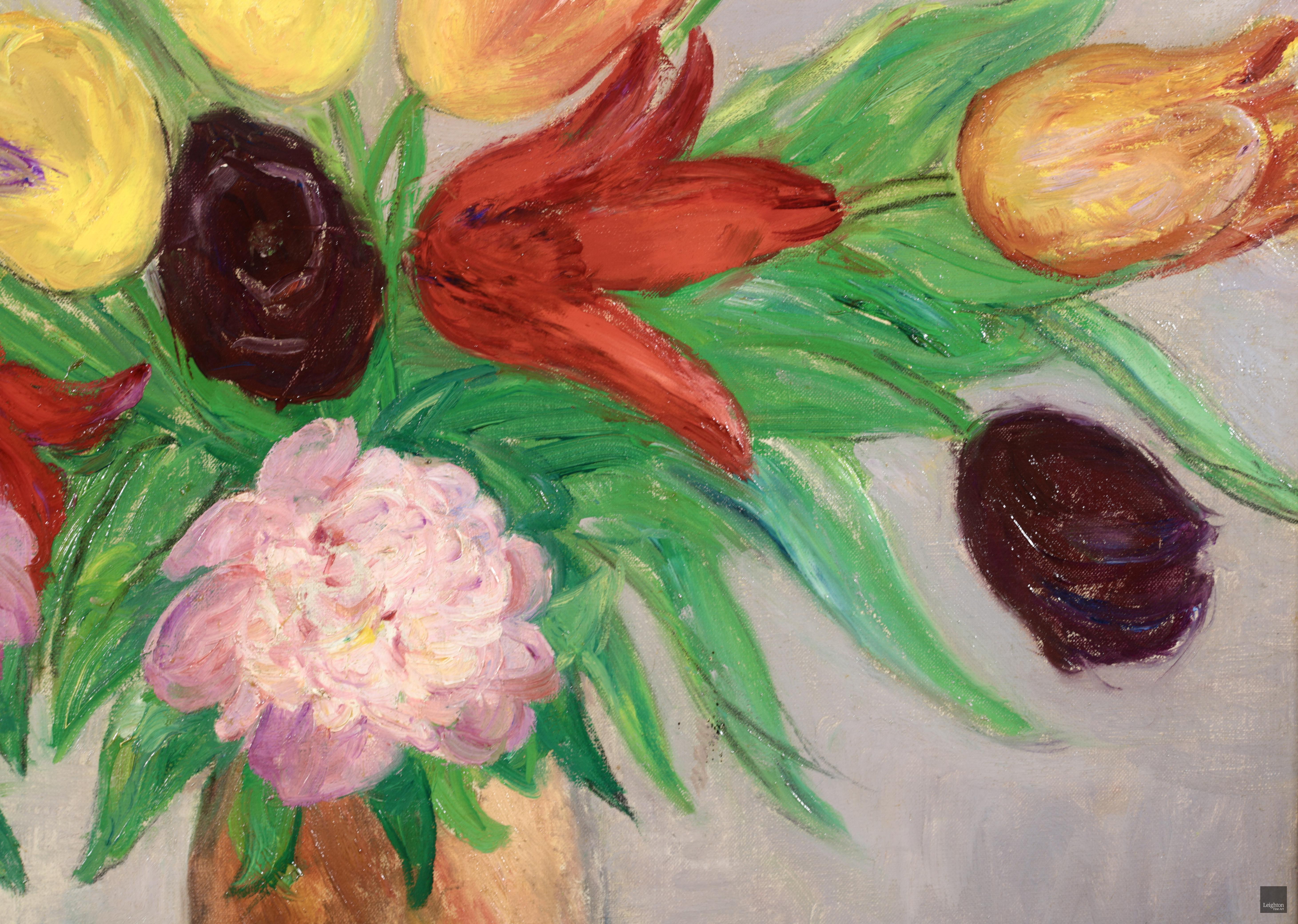 Bouquet de tulipes et de pivoines - Nature morte impressionniste à l'huile de Leon Detroy en vente 7