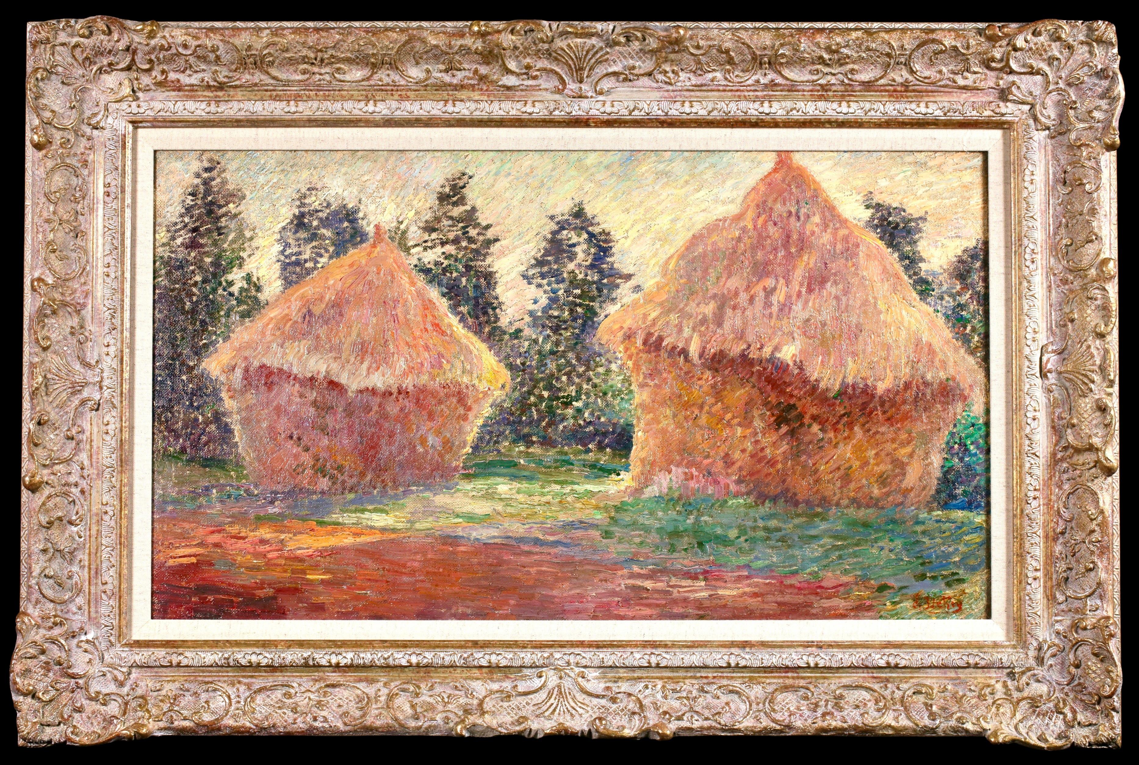 Paysage signé à l
huile sur toile vers 1905 par le peintre post impressionniste français Leon Detroy. Cette belle pièce est peinte dans un style divisionniste et représente deux grandes meules de foin dans un champ par une journée d
été. 

Signature