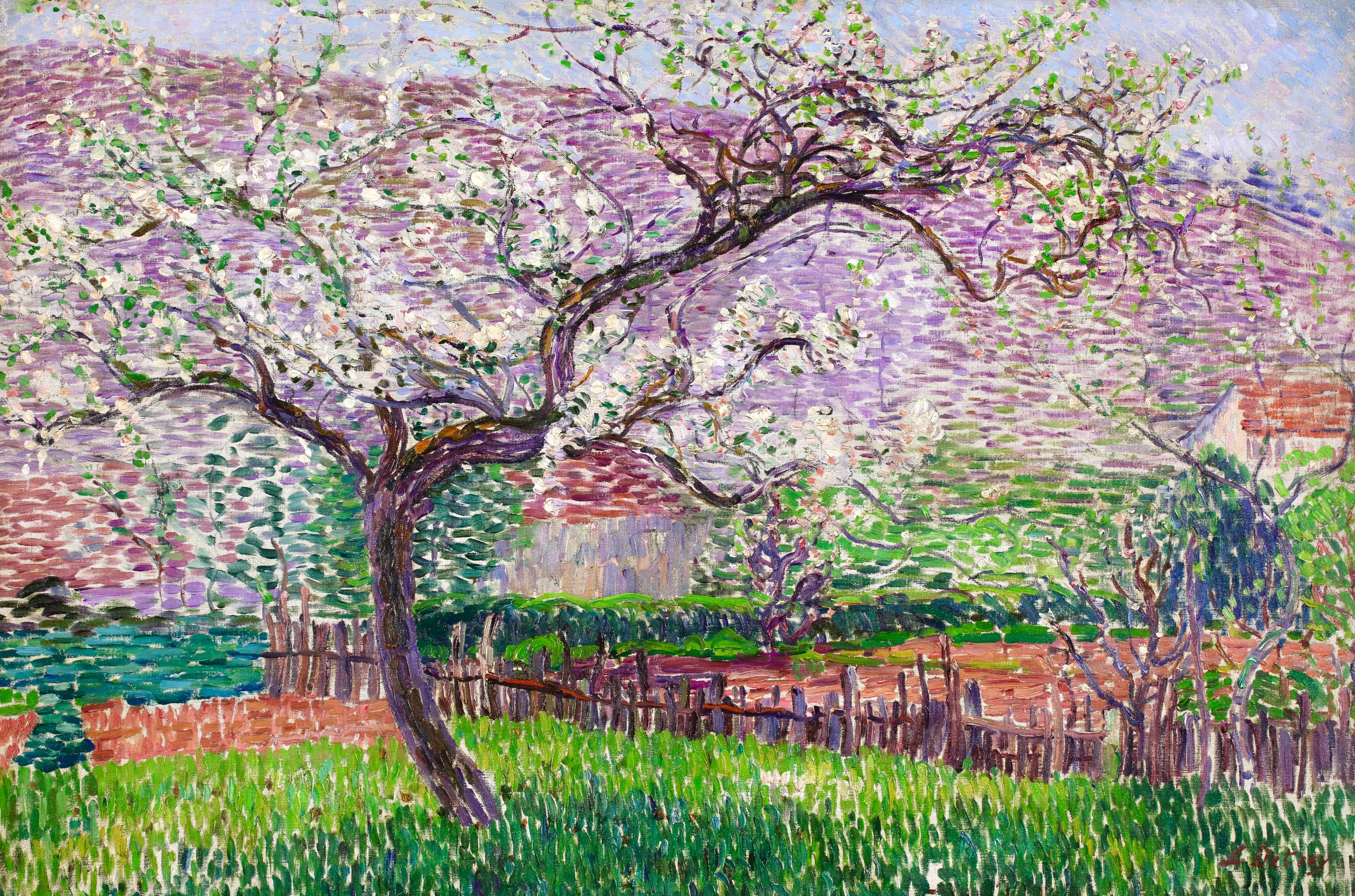 Pommiers en Fleurs - Huile de paysage divisionniste post-impressionniste de Leon Detroy en vente 1