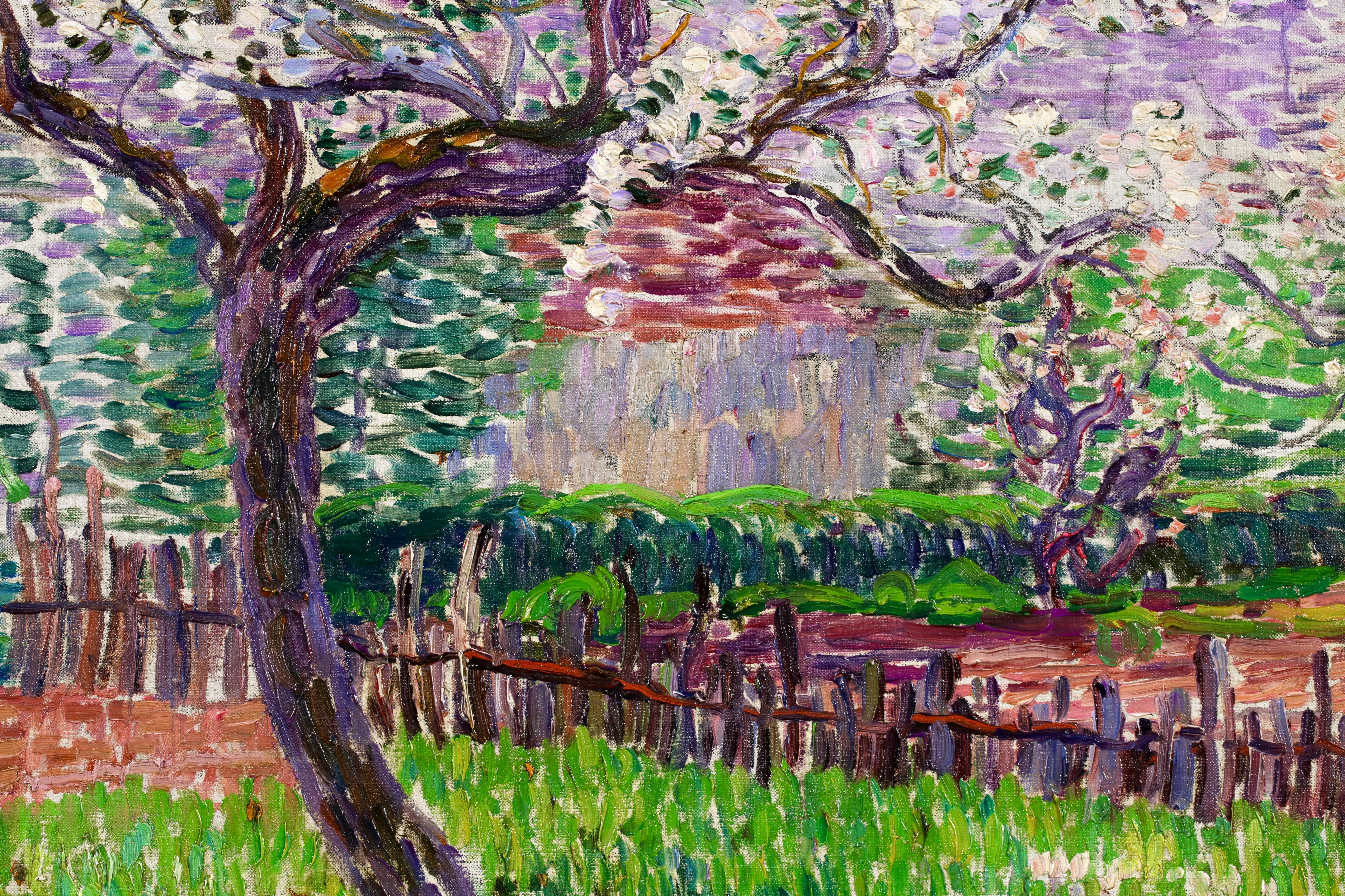 Pommiers en Fleurs - Huile de paysage divisionniste post-impressionniste de Leon Detroy en vente 4