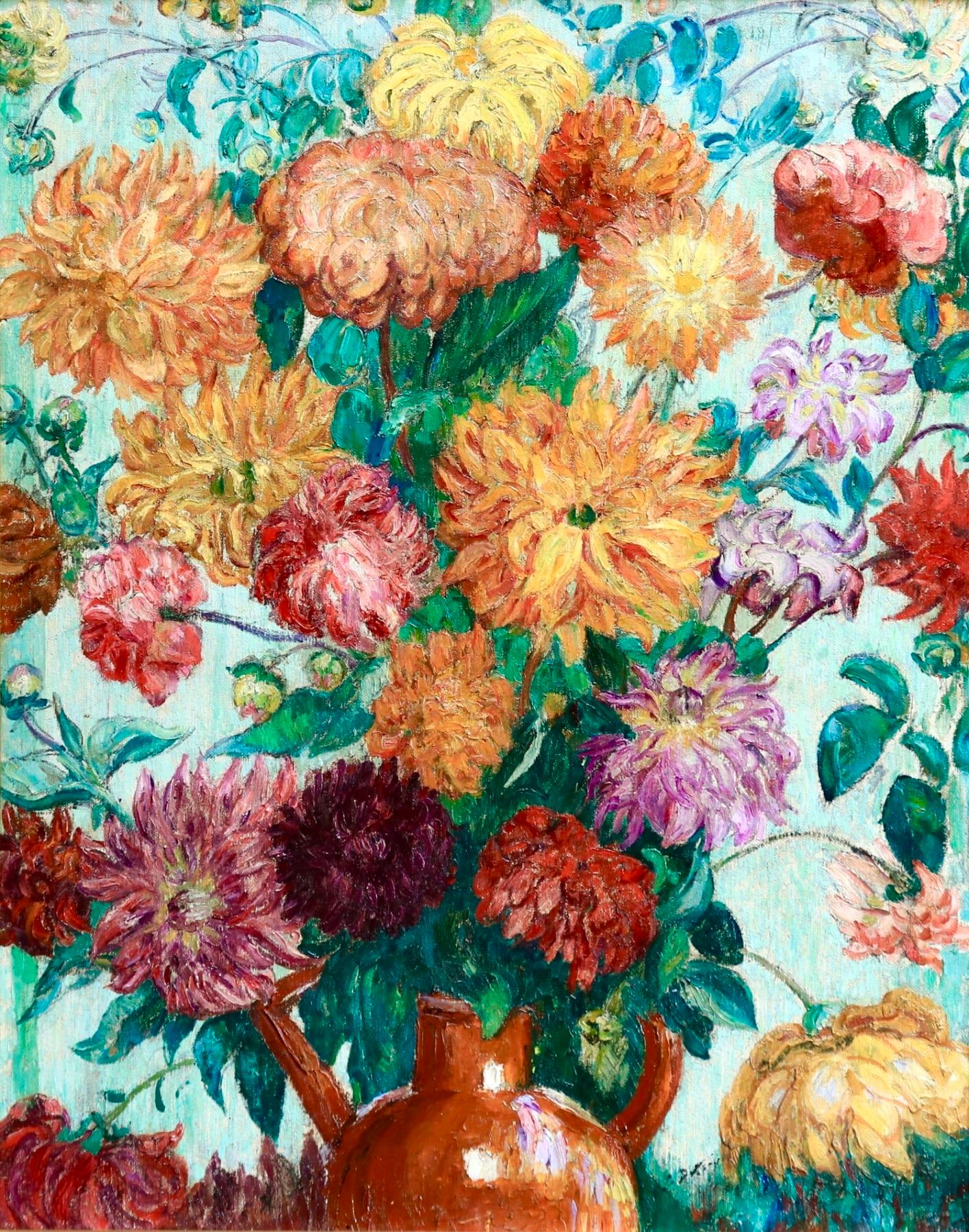 A beautifully coloured and painted oil on canvas by French post impressionist painter Leon Detroy depicting a vase of dahlias in yellows, oranges, reds and purples. Signed lower centre right.

Dimensions:
Framed: 43"x36"
Unframed: