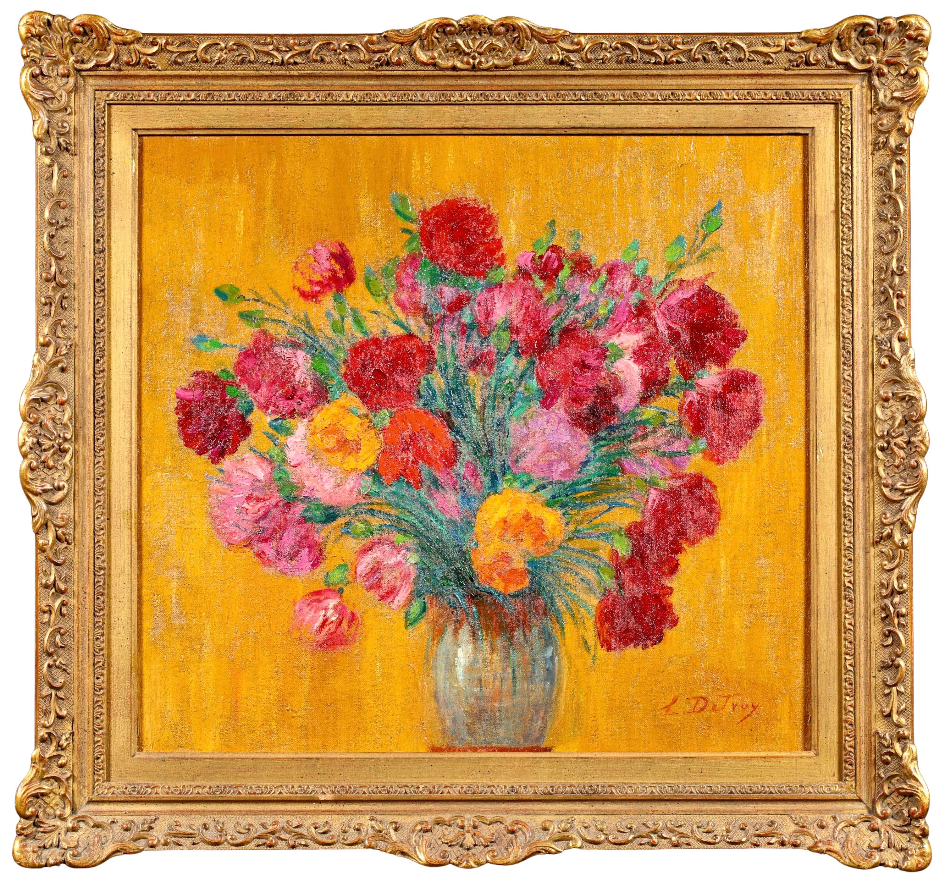 Signed still life oil on canvas circa 1920 by French impressionist painter Leon Detroy. The work depicts a ceramic vase filled with flowers  in reds, pinks and yellows and set against a gold background.

Signature:
Signed lower