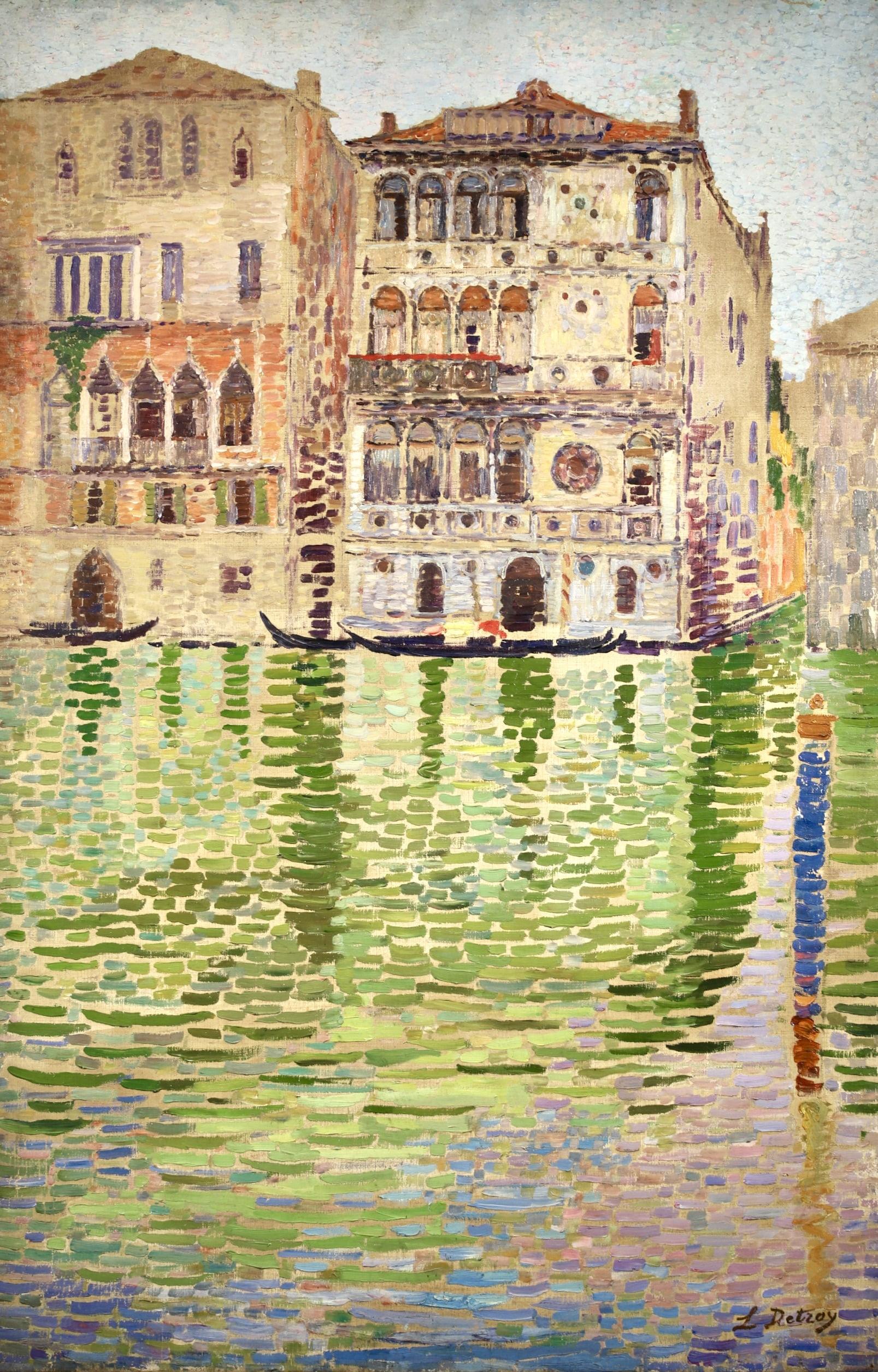 Signed landscape oil on canvas circa 1910 by French post impressionist painter Leon Detroy. This work is painted in a divisionist style and depicts a view of gondolas on the canal in Venice. 

Signature:
Signed lower right and stamped with the