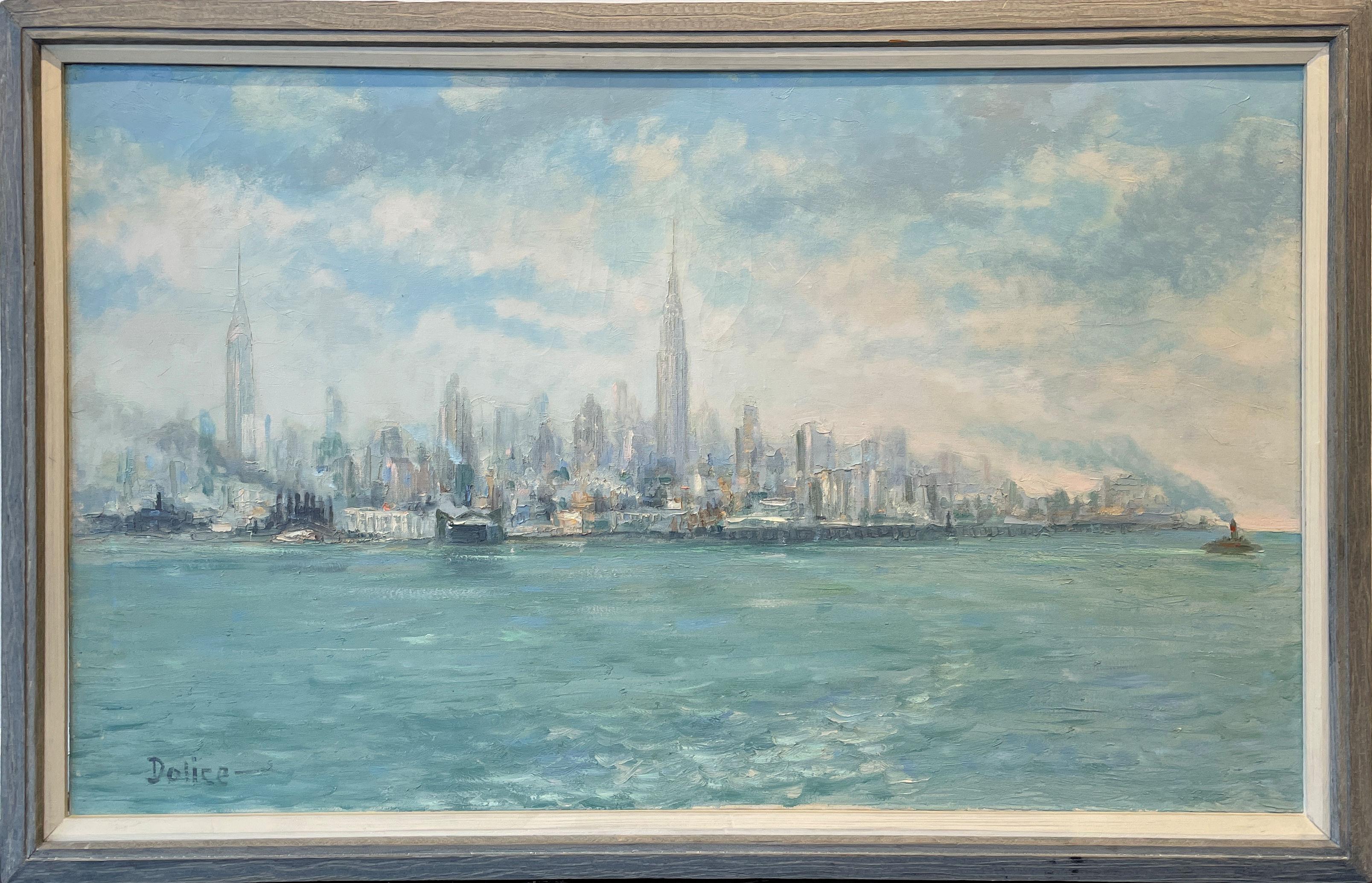 „New Yorker Hafenansicht“, Leon Dolice, Cityscape Skyline vom Fluss im Angebot 3